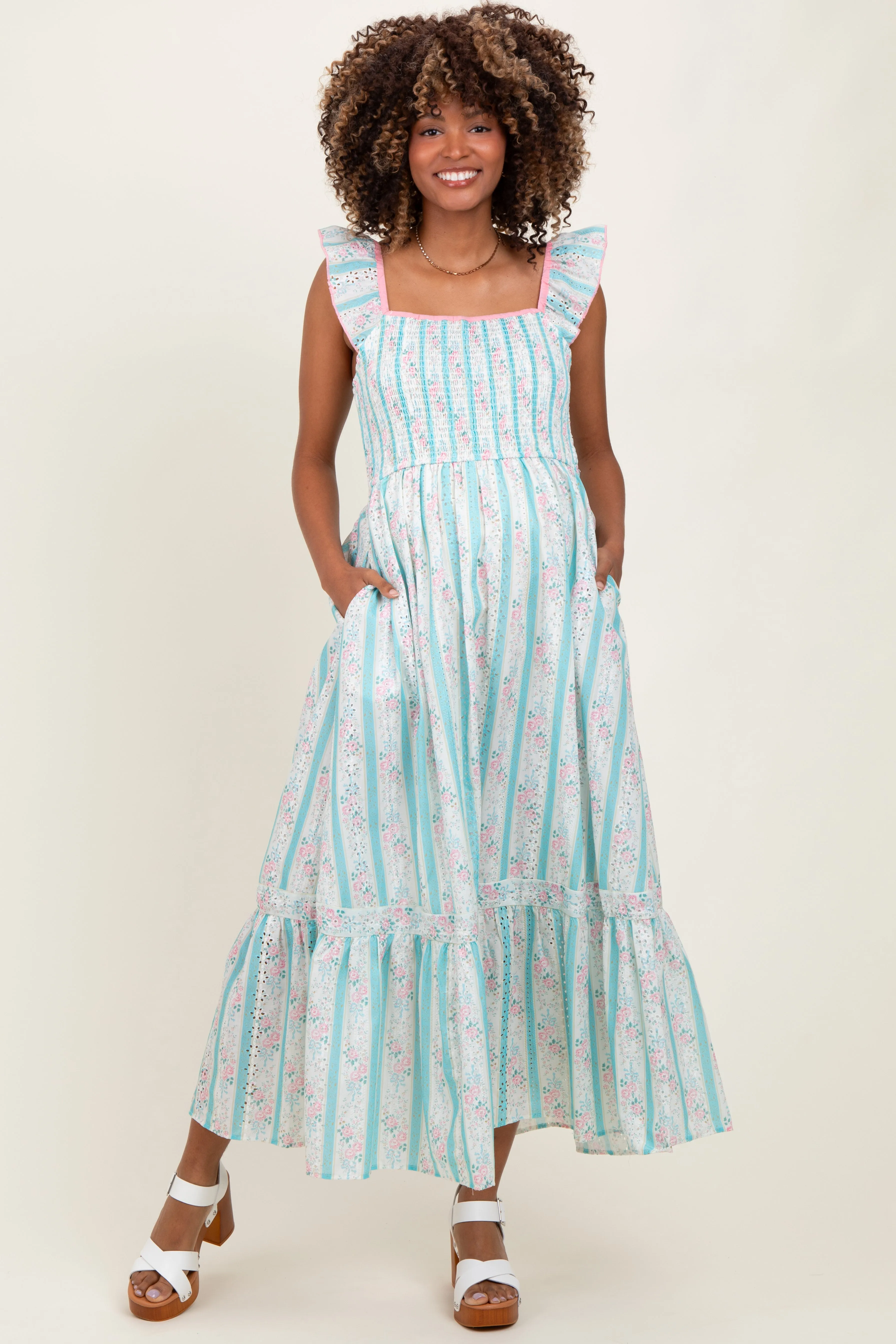 Light Blue Striped Vintage Floral Smocked Maternity Maxi Dress sold by Pinkblush