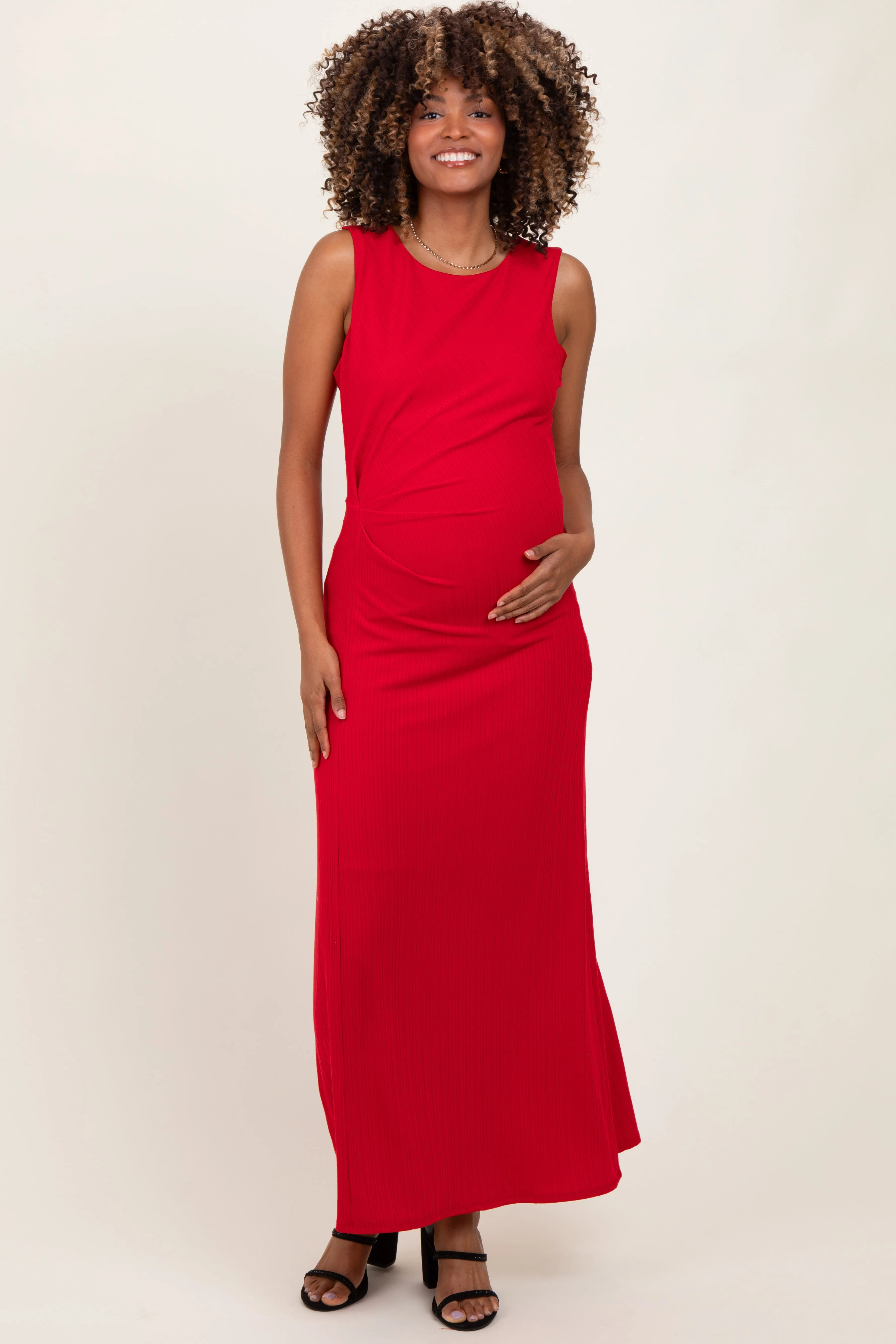 Red Gathered Waist Sleeveless Maternity Maxi Dress sold by Pinkblush