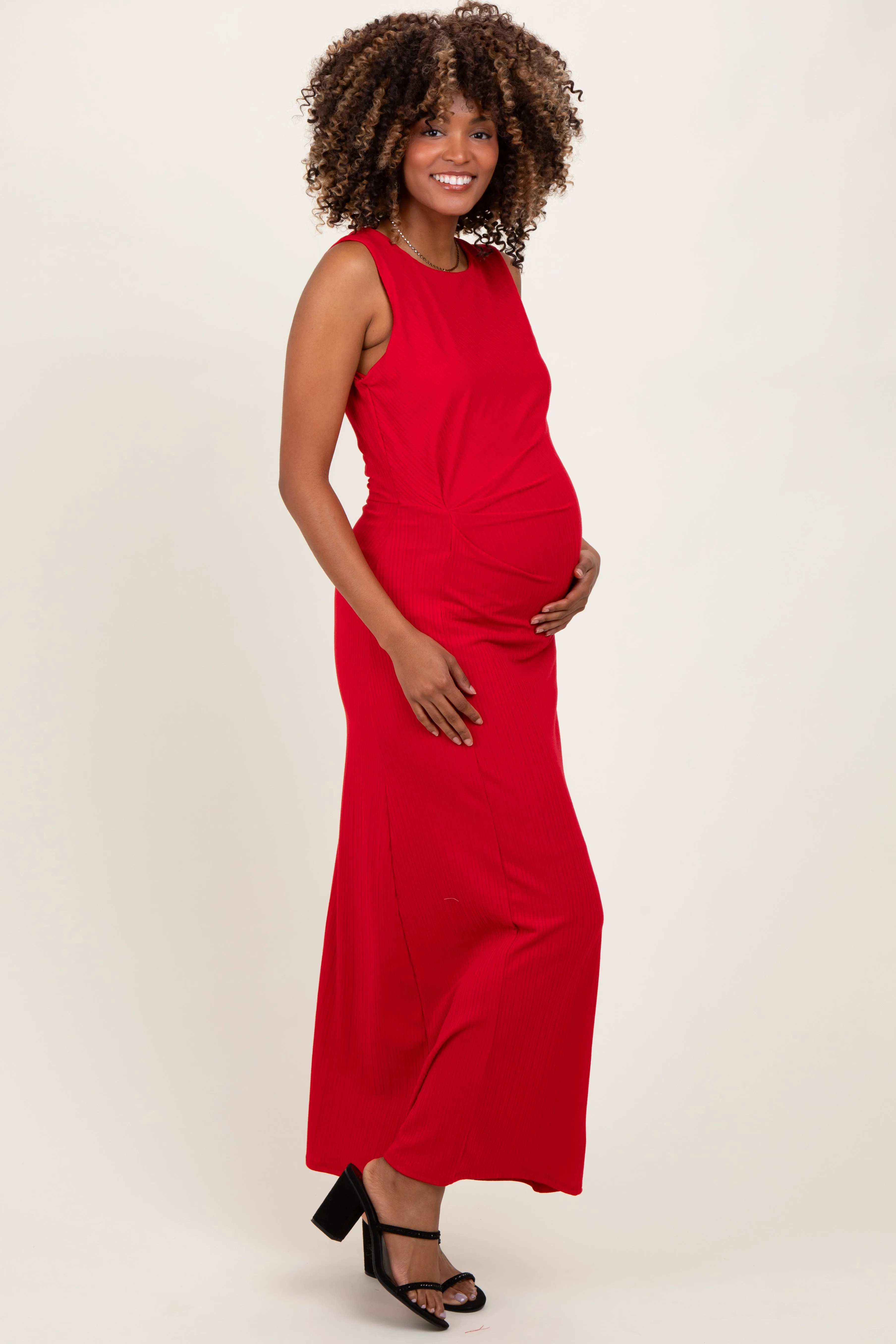 Red Gathered Waist Sleeveless Maternity Maxi Dress sold by Pinkblush product image thumbnail 2