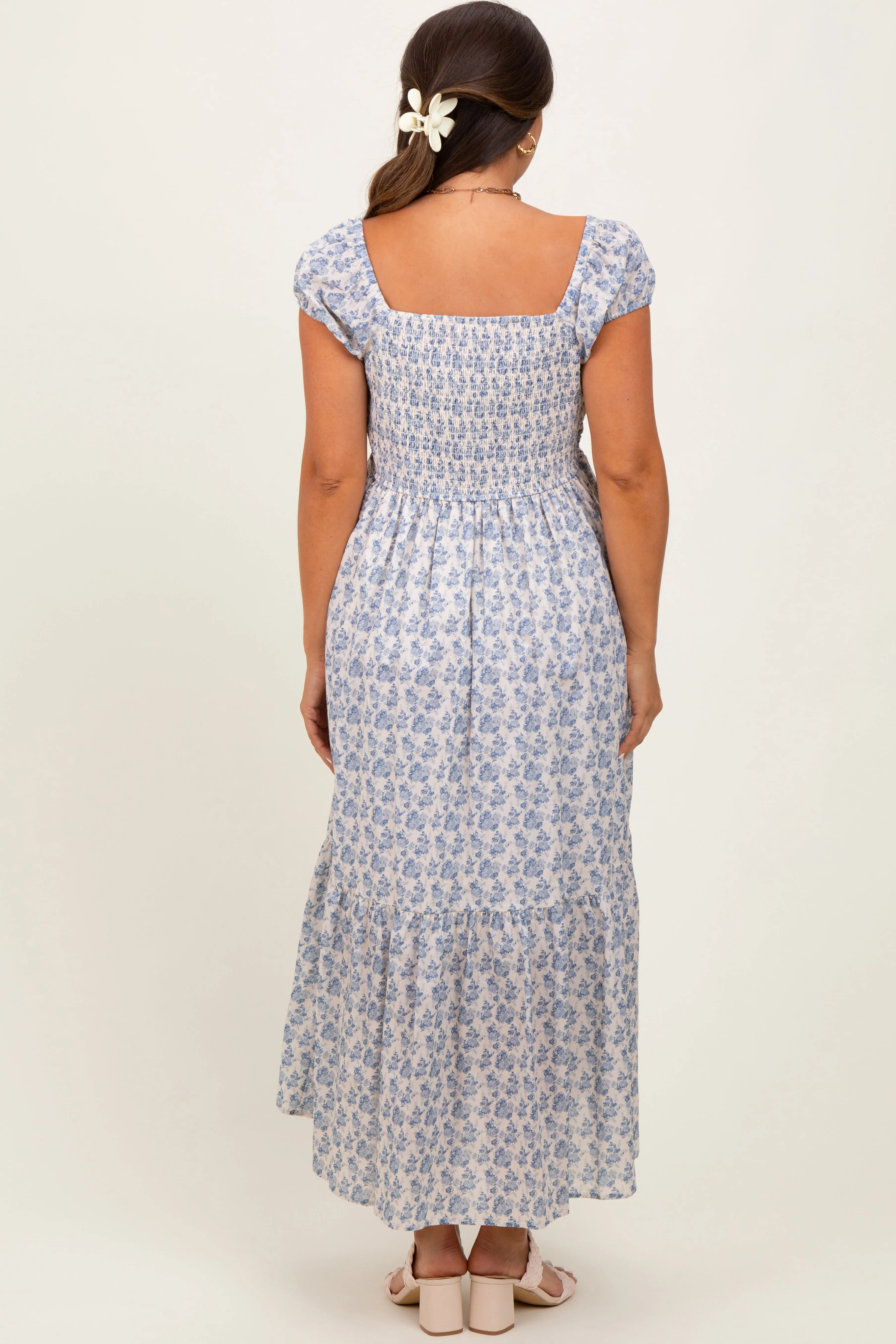 Light Blue Floral Ruched Bow Tie Floral Maternity Maxi Dress sold by Pinkblush product image thumbnail 4