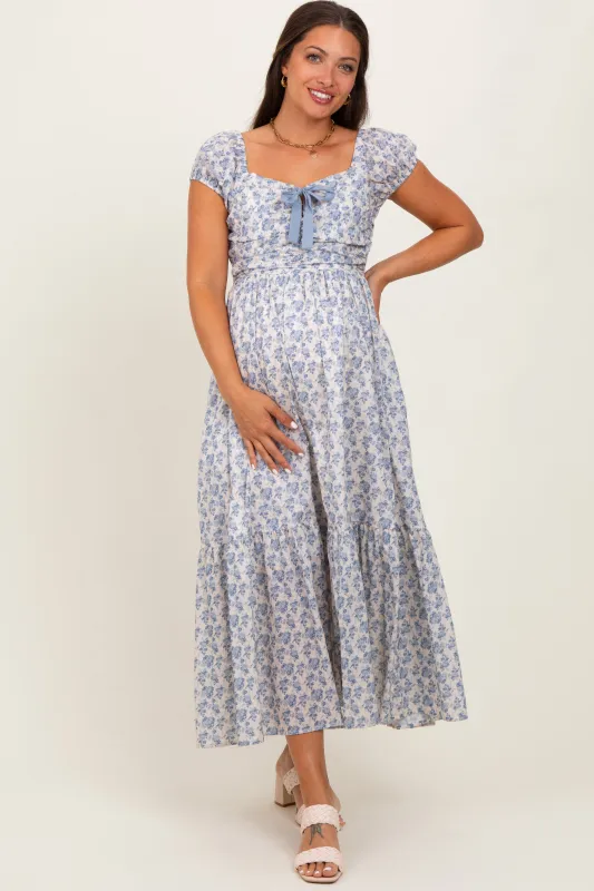 Light Blue Floral Ruched Bow Tie Floral Maternity Maxi Dress sold by Pinkblush