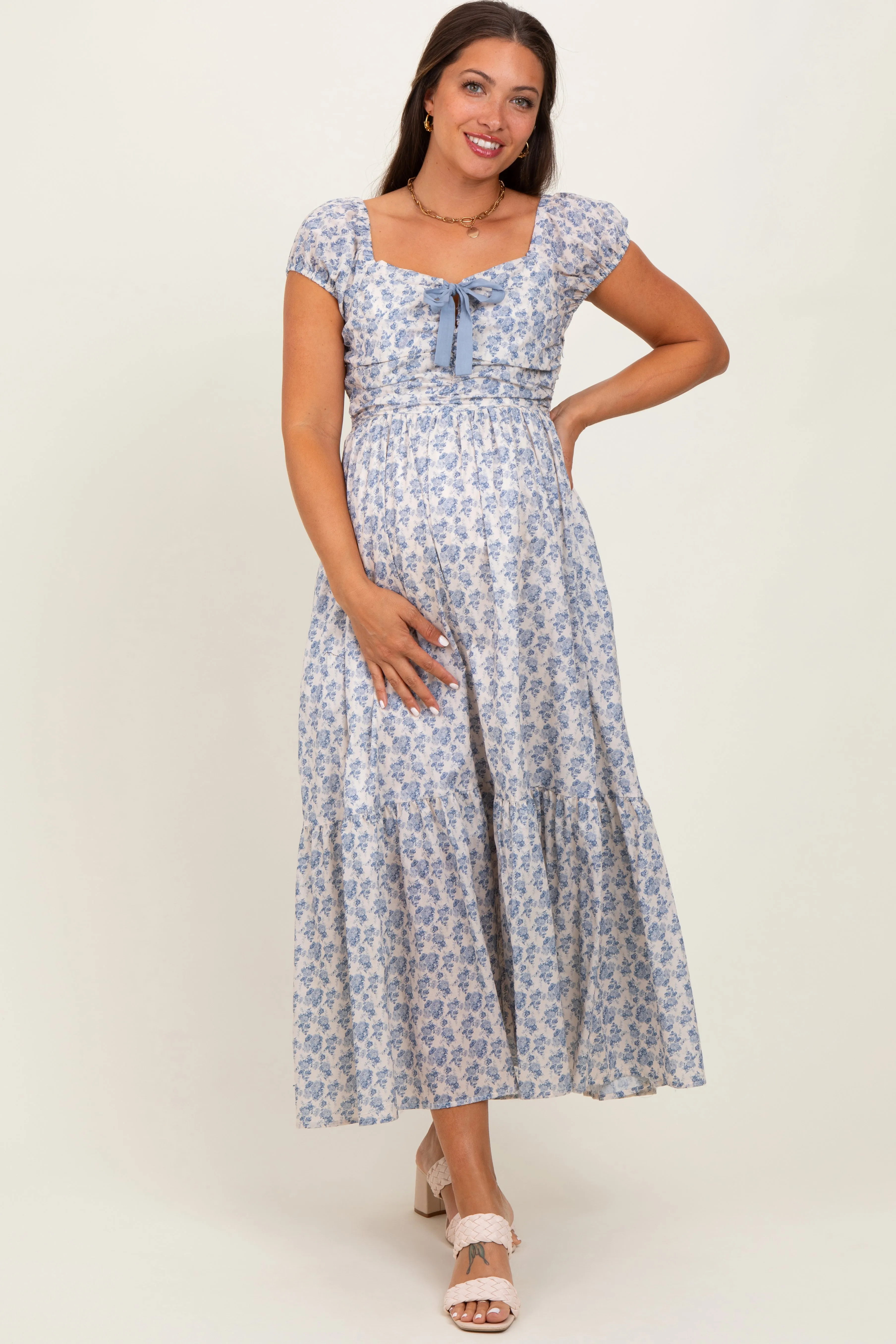 Light Blue Floral Ruched Bow Tie Floral Maternity Maxi Dress sold by Pinkblush