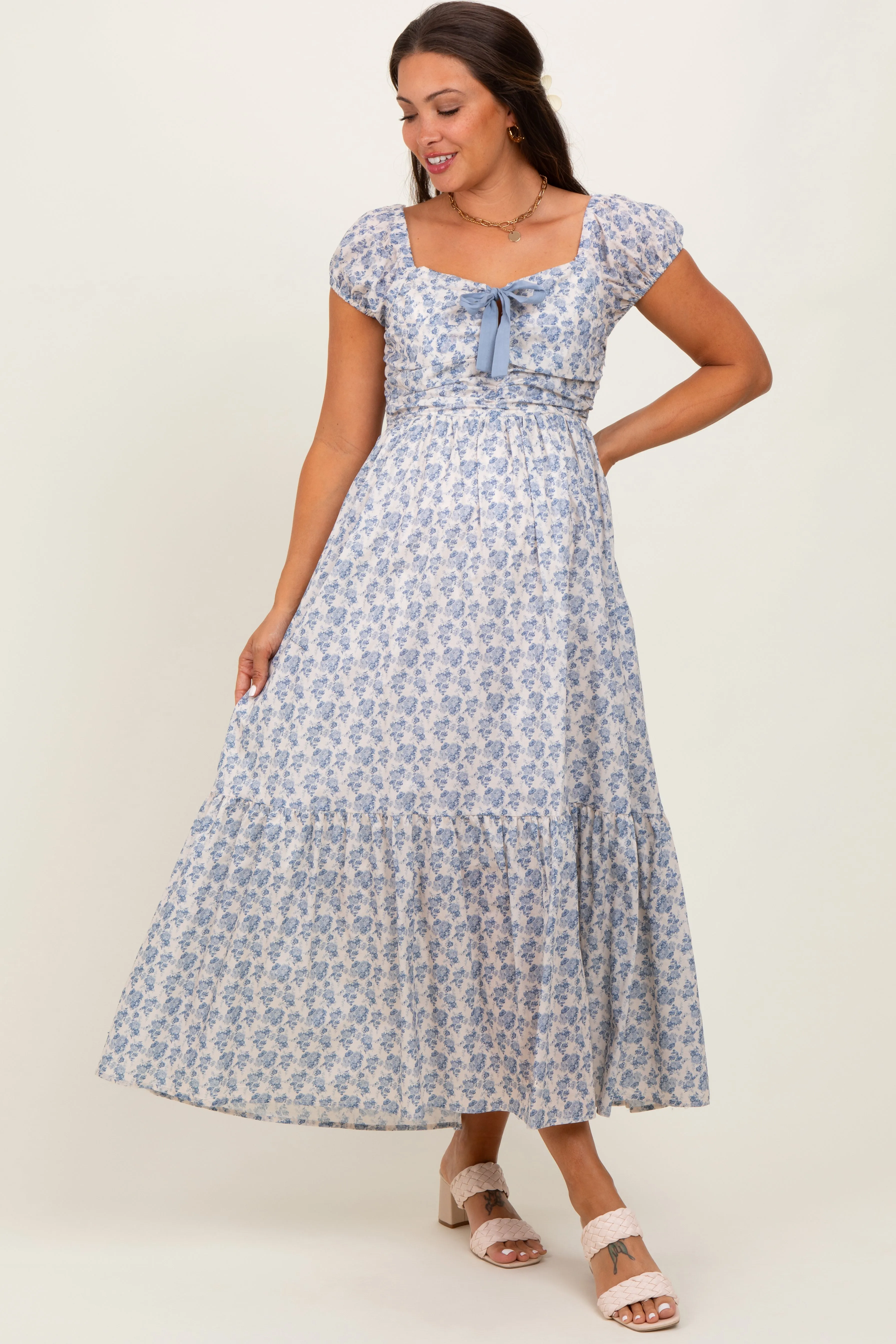 Light Blue Floral Ruched Bow Tie Floral Maternity Maxi Dress sold by Pinkblush product image thumbnail 2