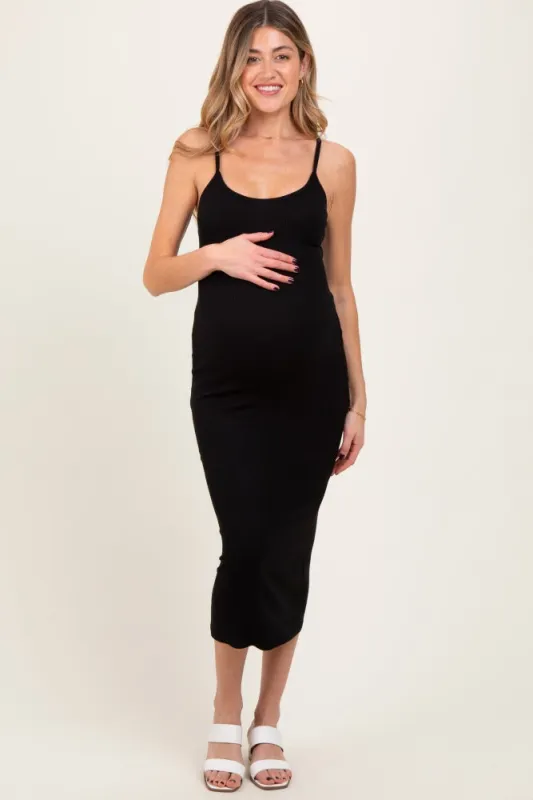 Black Ribbed Bodycon Maternity Midi Dress sold by Pinkblush