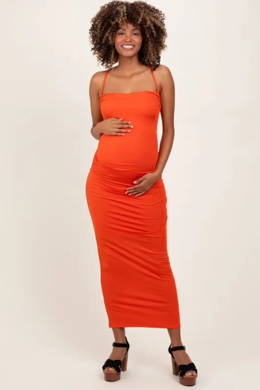 Orange Ruched Double Layered Maternity Maxi Dress sold by Pinkblush