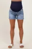 Blue Distressed Fringe Hem Maternity Denim Shorts sold by Pinkblush
