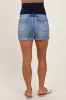 Blue Distressed Fringe Hem Maternity Denim Shorts sold by Pinkblush