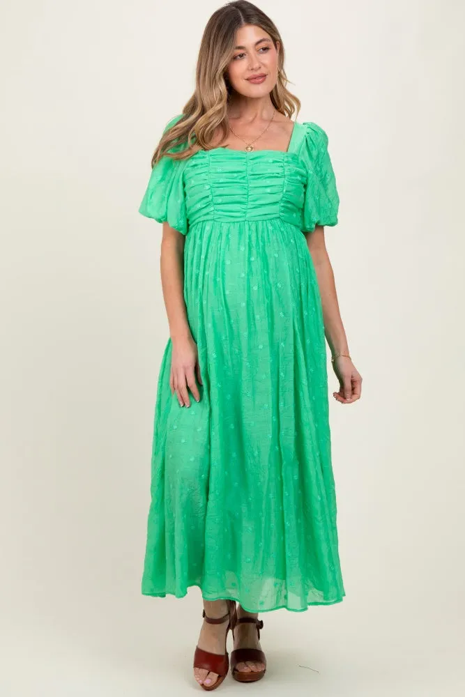 Green Embroidered Shirred Puff Sleeve Maternity Maxi Dress sold by Pinkblush
