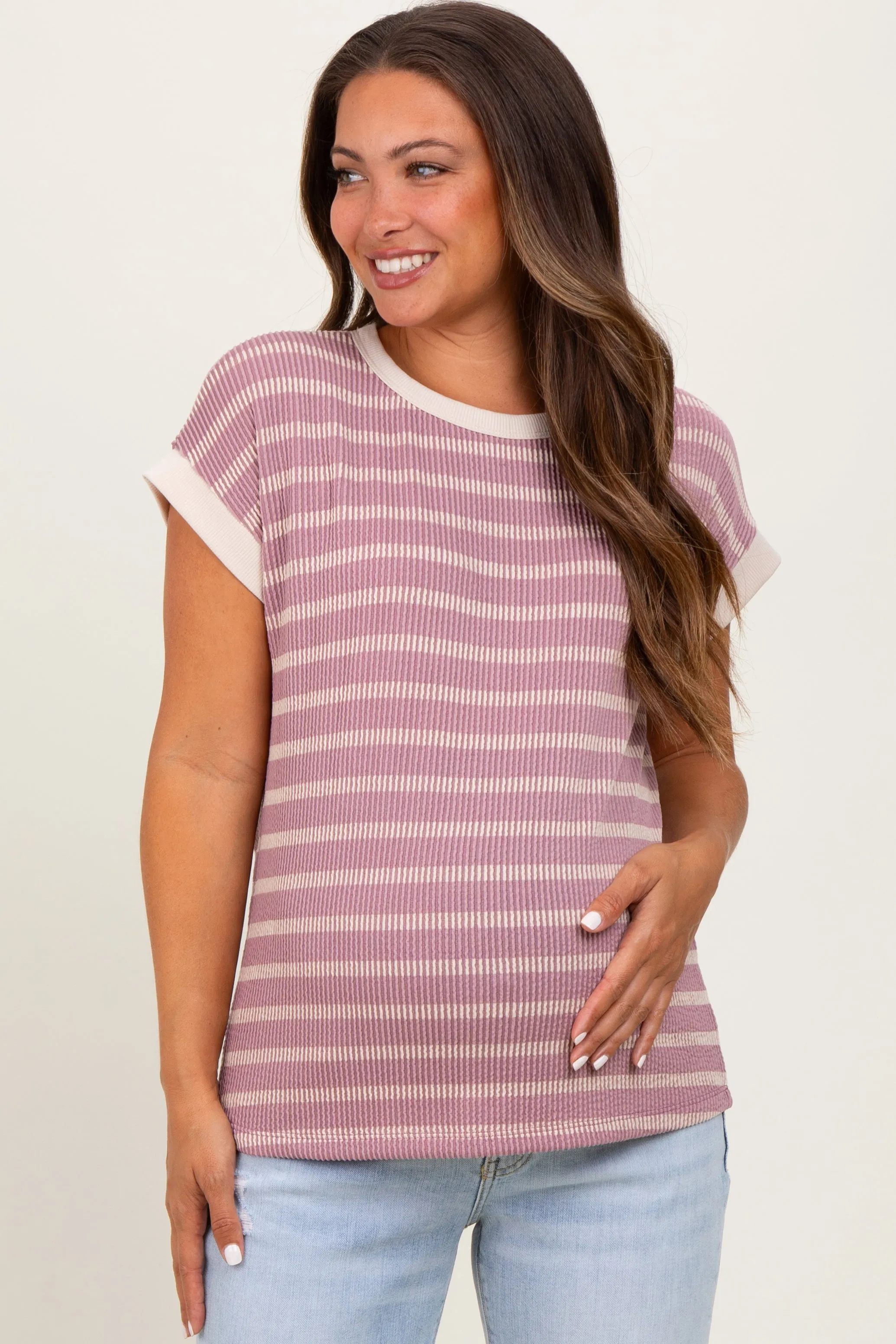 Mauve Textured Striped Maternity Short Sleeve Top sold by Pinkblush product image thumbnail 2