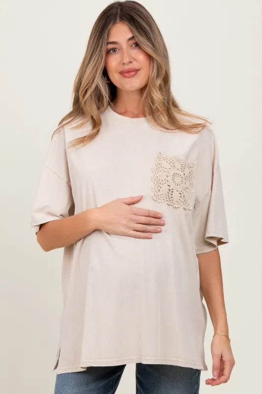 Light Beige Mineral Wash Crochet Pocket Maternity Top sold by Pinkblush