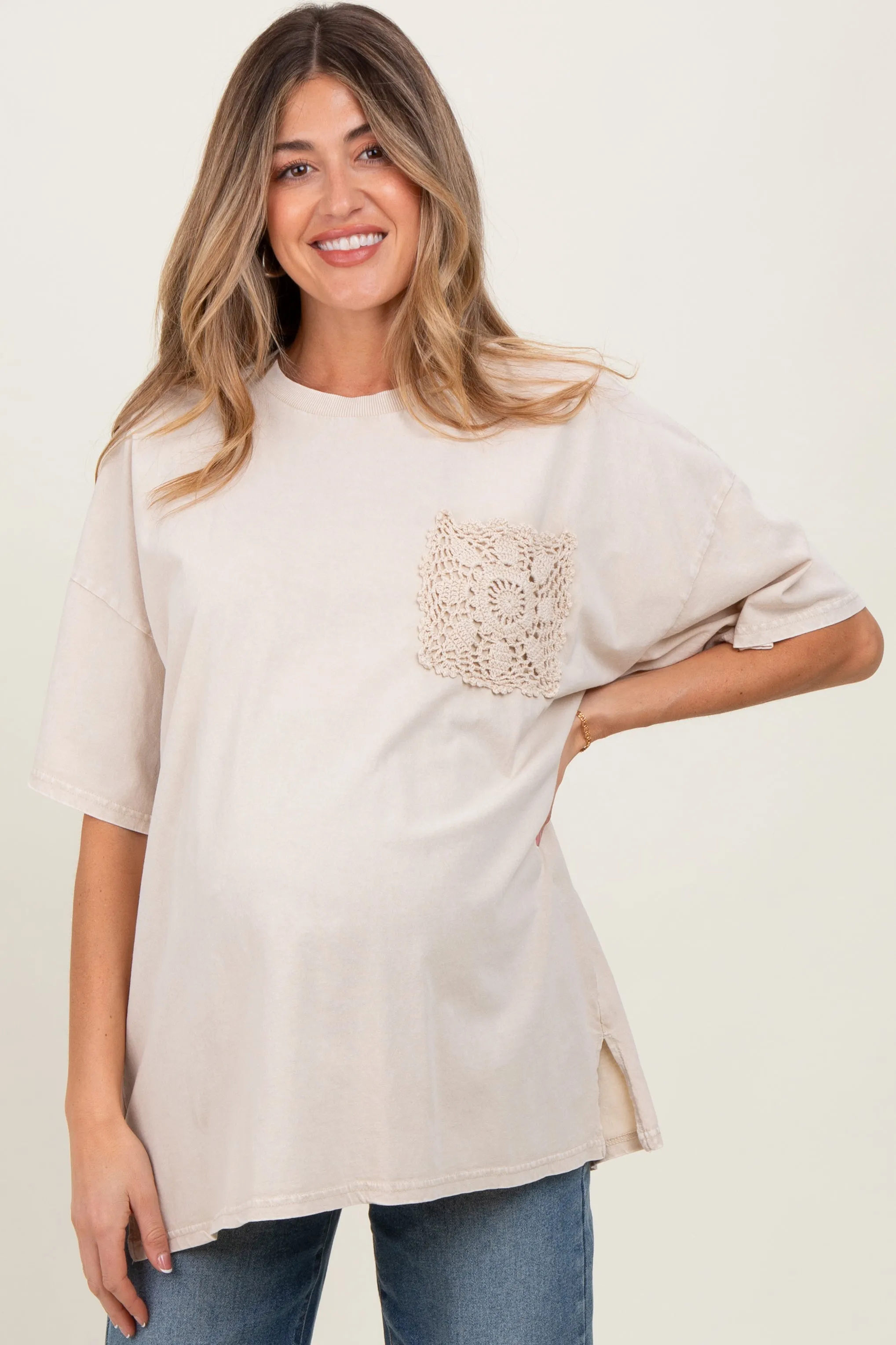 Light Beige Mineral Wash Crochet Pocket Maternity Top sold by Pinkblush product image thumbnail 2