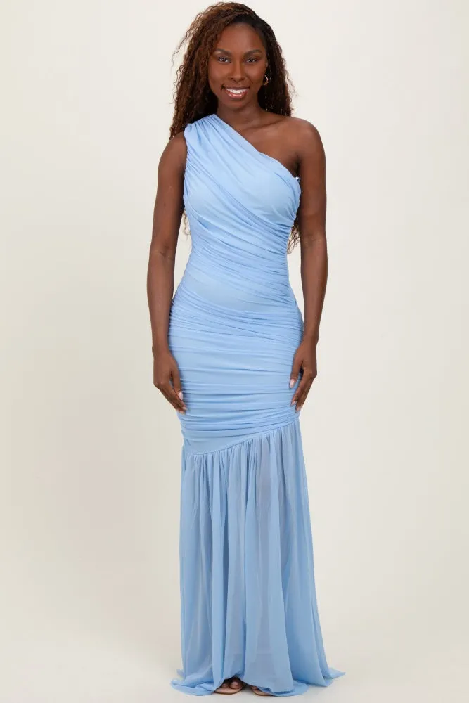 Light Blue Ruched Mesh One Shoulder Maternity Maxi Dress sold by Pinkblush product image thumbnail 4