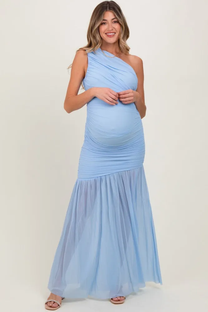 Light Blue Ruched Mesh One Shoulder Maternity Maxi Dress sold by Pinkblush