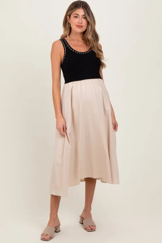 Black Ribbed Top Contrast Sleeveless Maternity Midi Dress sold by Pinkblush