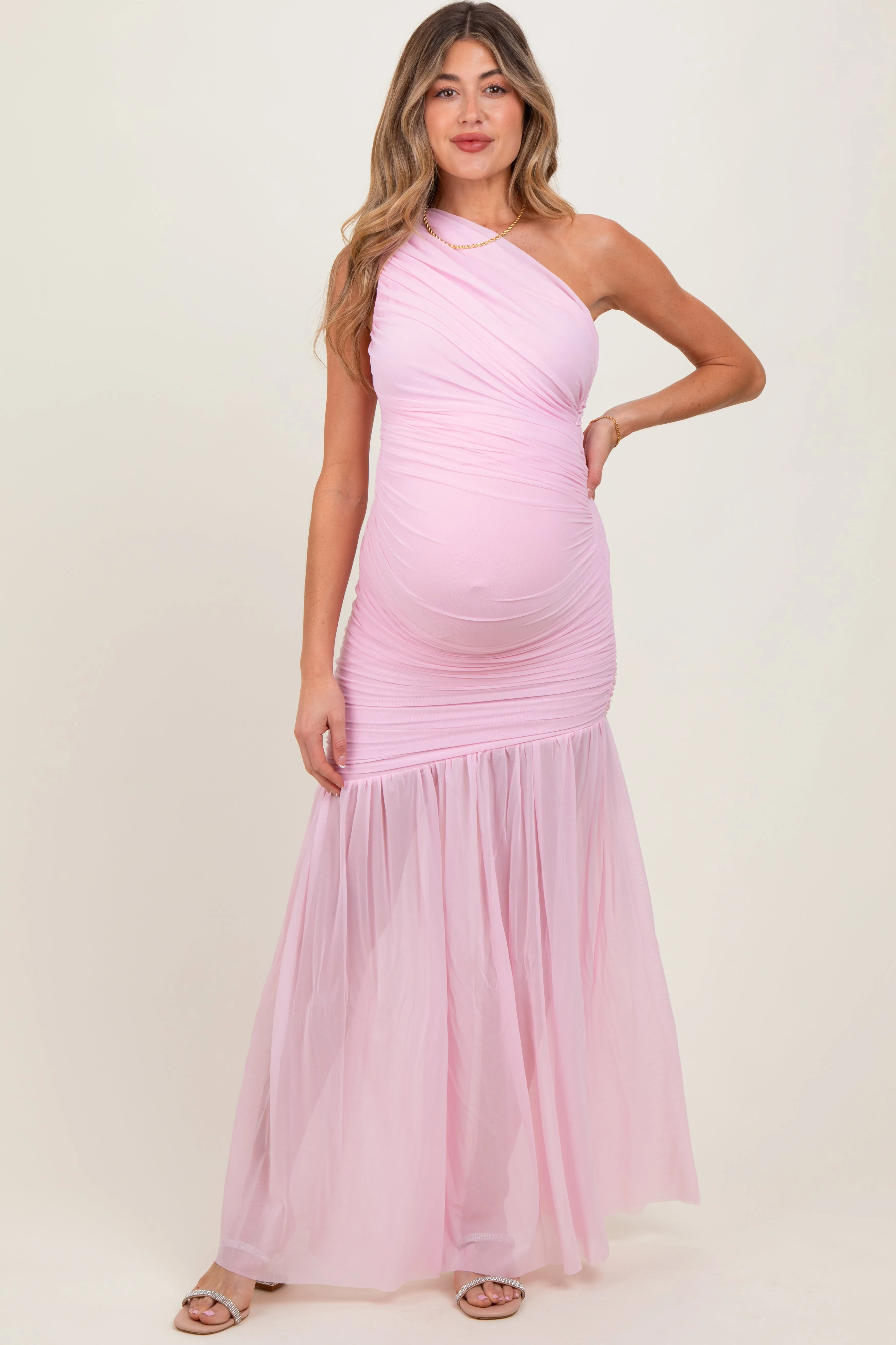 Light Pink Ruched Mesh One Shoulder Maternity Maxi Dress sold by Pinkblush