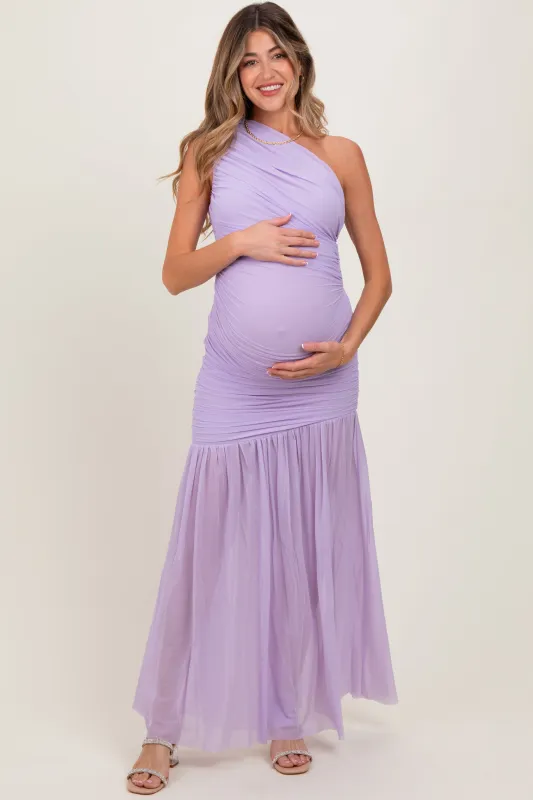 Lavender Ruched Mesh One Shoulder Maternity Maxi Dress sold by Pinkblush