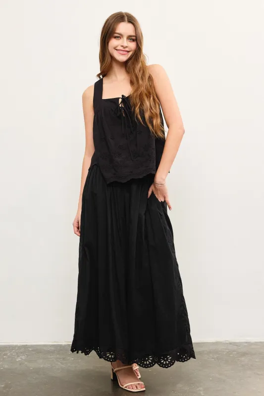 Black Smocked Waist Eyelet Lace Hem Maxi Skirt sold by Pinkblush