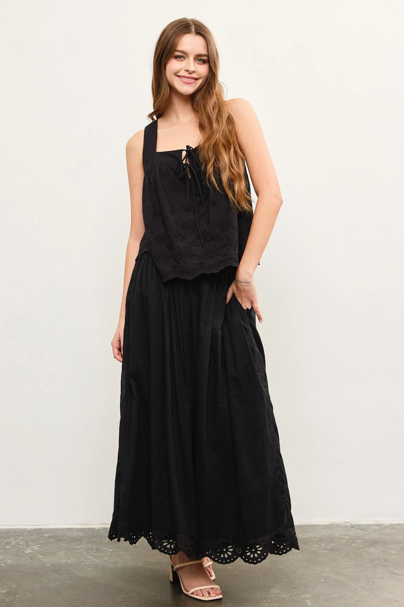 Black Smocked Waist Eyelet Lace Hem Maxi Skirt sold by Pinkblush