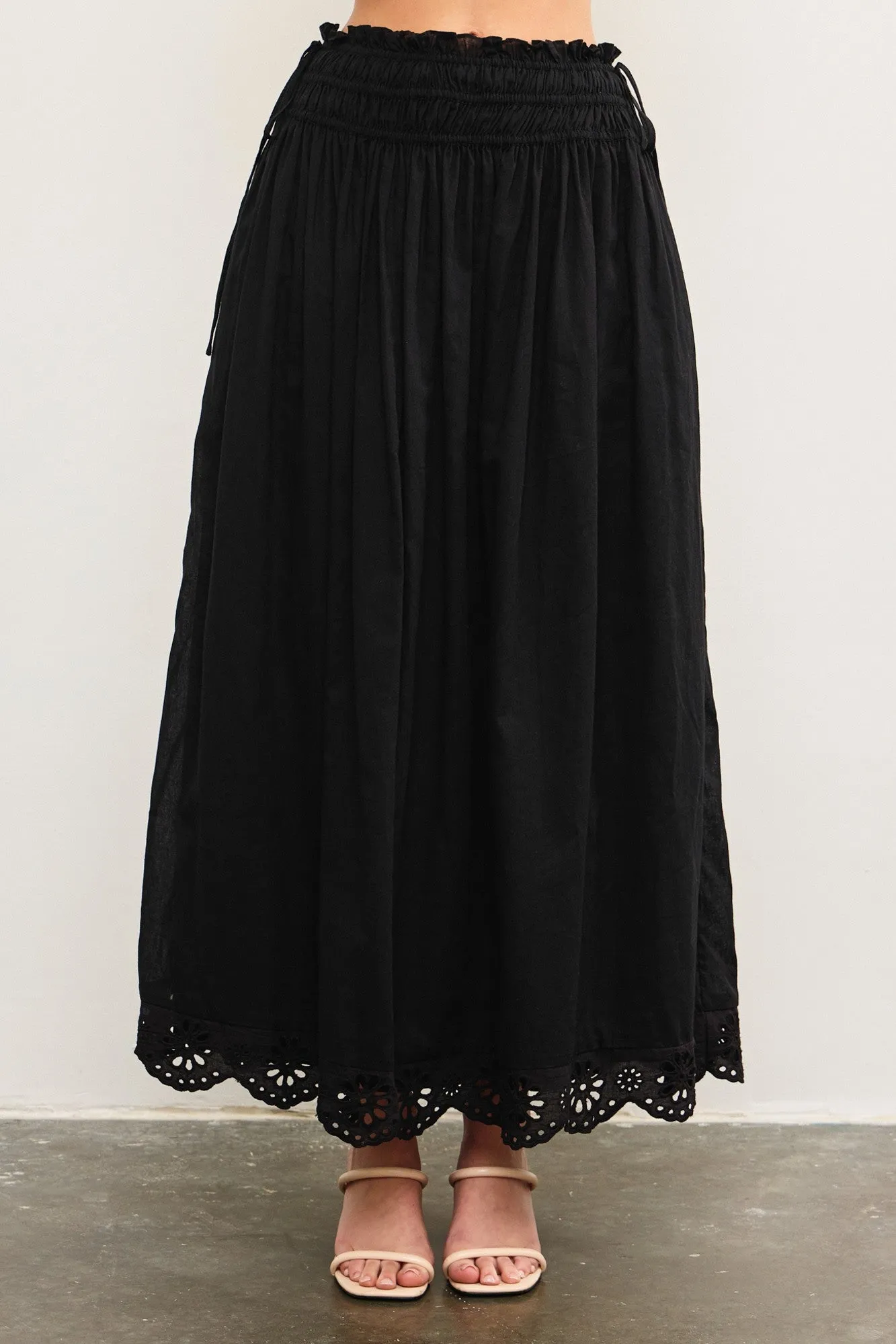 Black Smocked Waist Eyelet Lace Hem Maxi Skirt sold by Pinkblush product image thumbnail 2