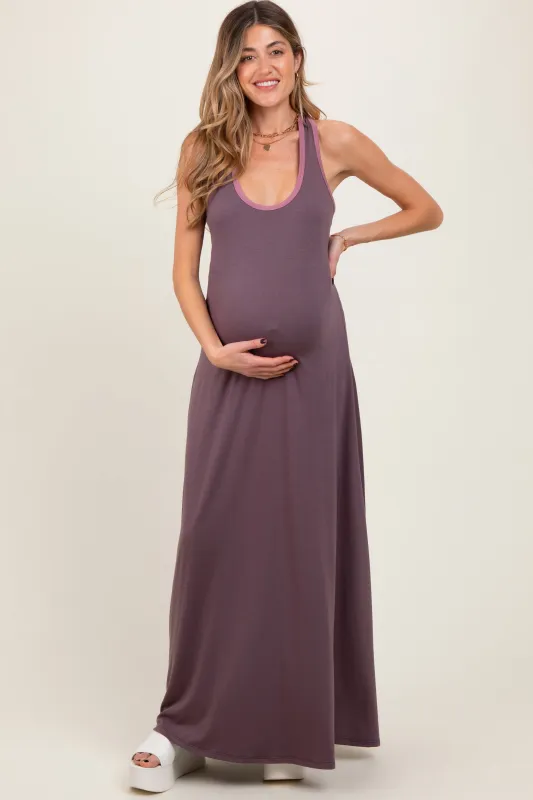 Purple Solid Open Back Sleeveless Maternity Maxi Dress sold by Pinkblush