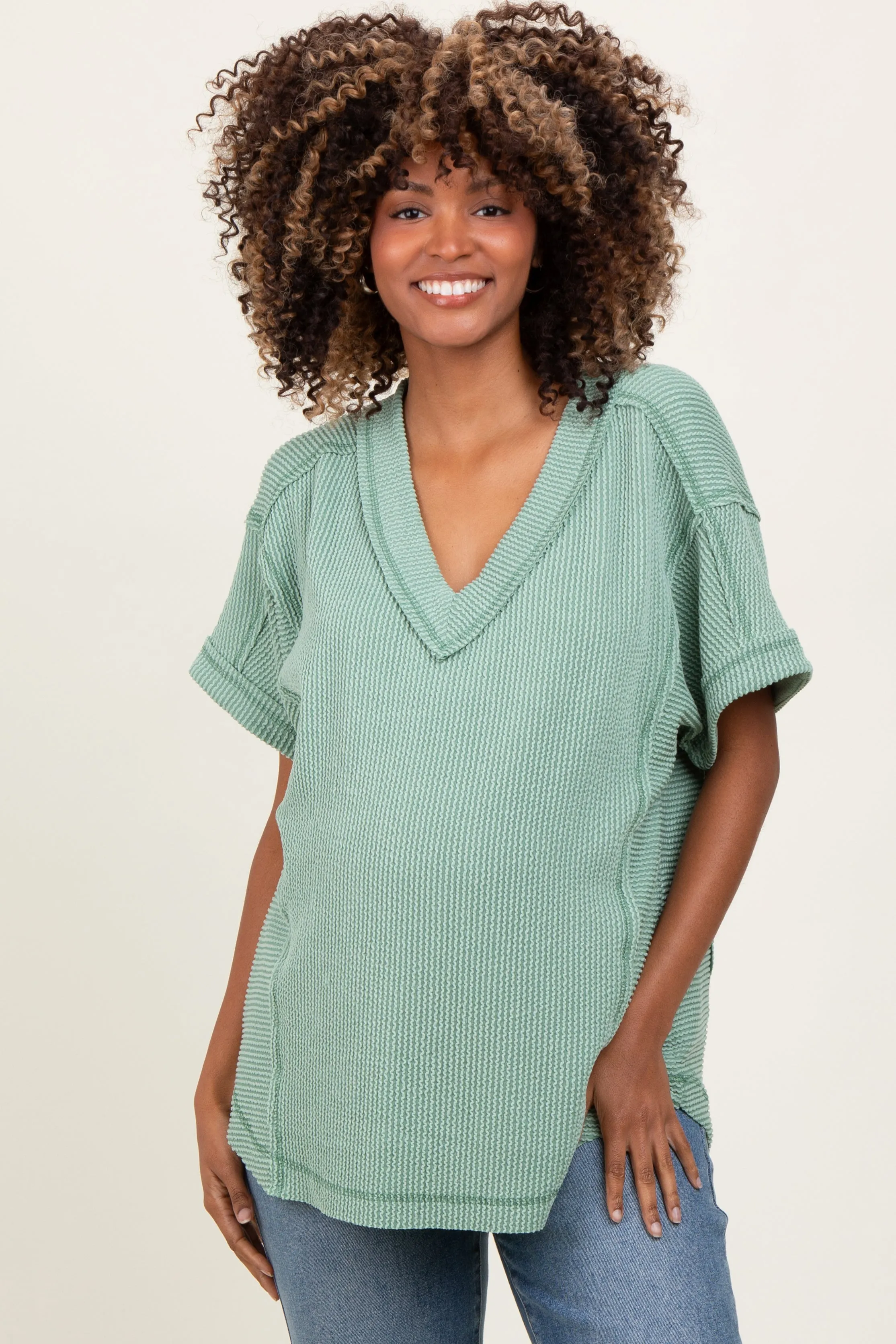Light Olive Ribbed Raw Hem Maternity Short Sleeve Top sold by Pinkblush