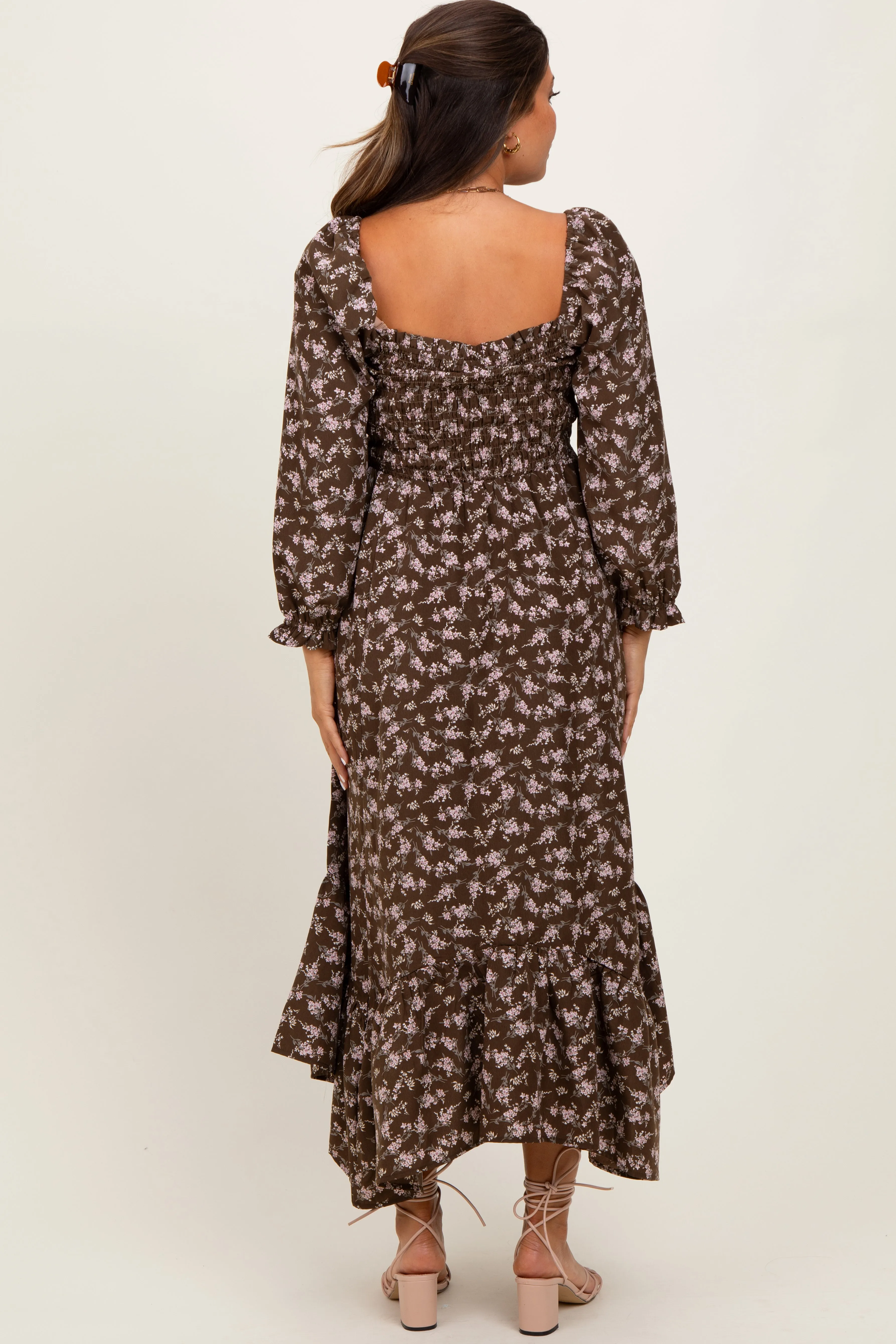 Brown Floral Smocked Handkerchief Hem Maternity Maxi Dress sold by Pinkblush product image thumbnail 3