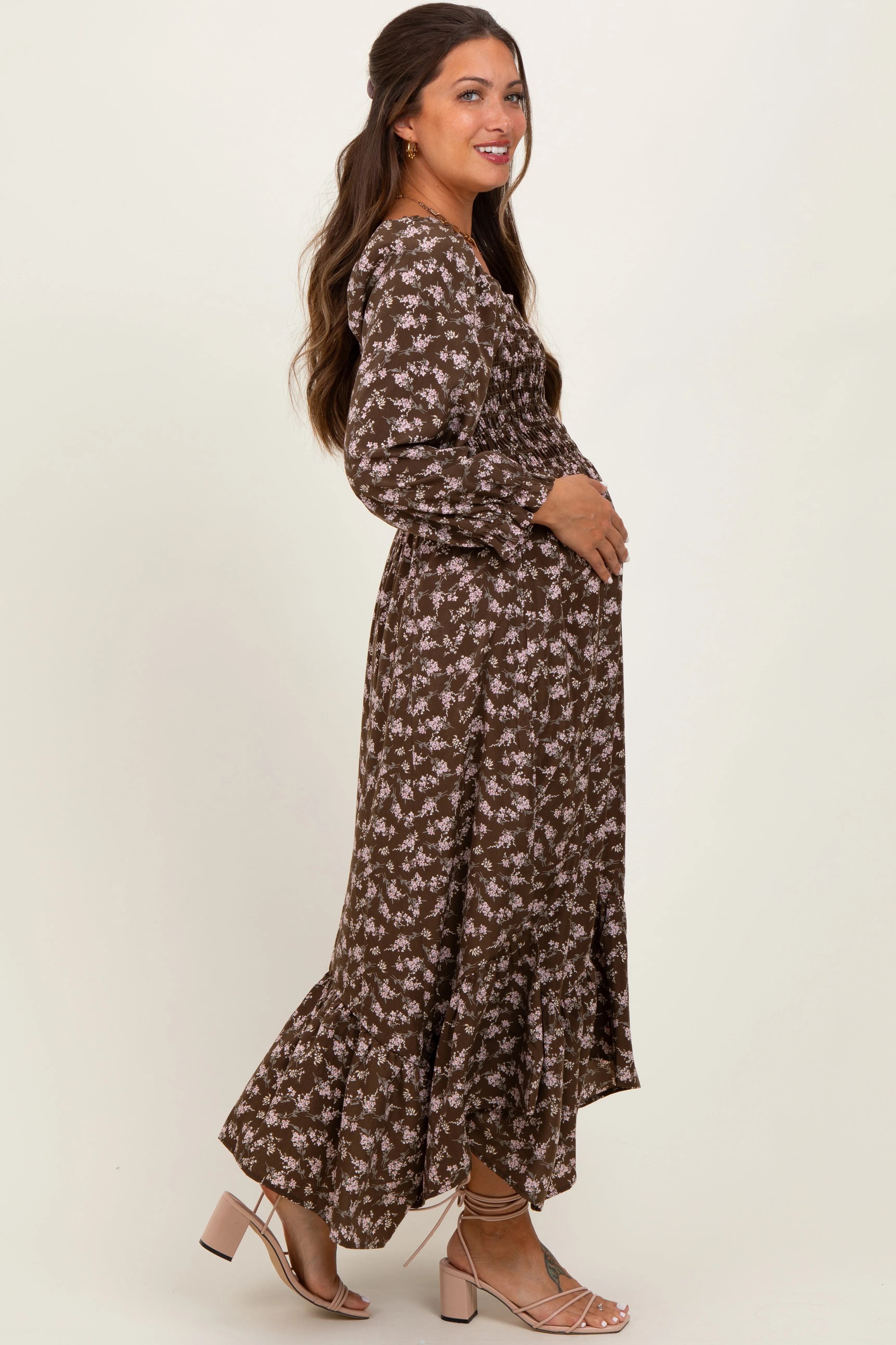 Brown Floral Smocked Handkerchief Hem Maternity Maxi Dress sold by Pinkblush product image thumbnail 2
