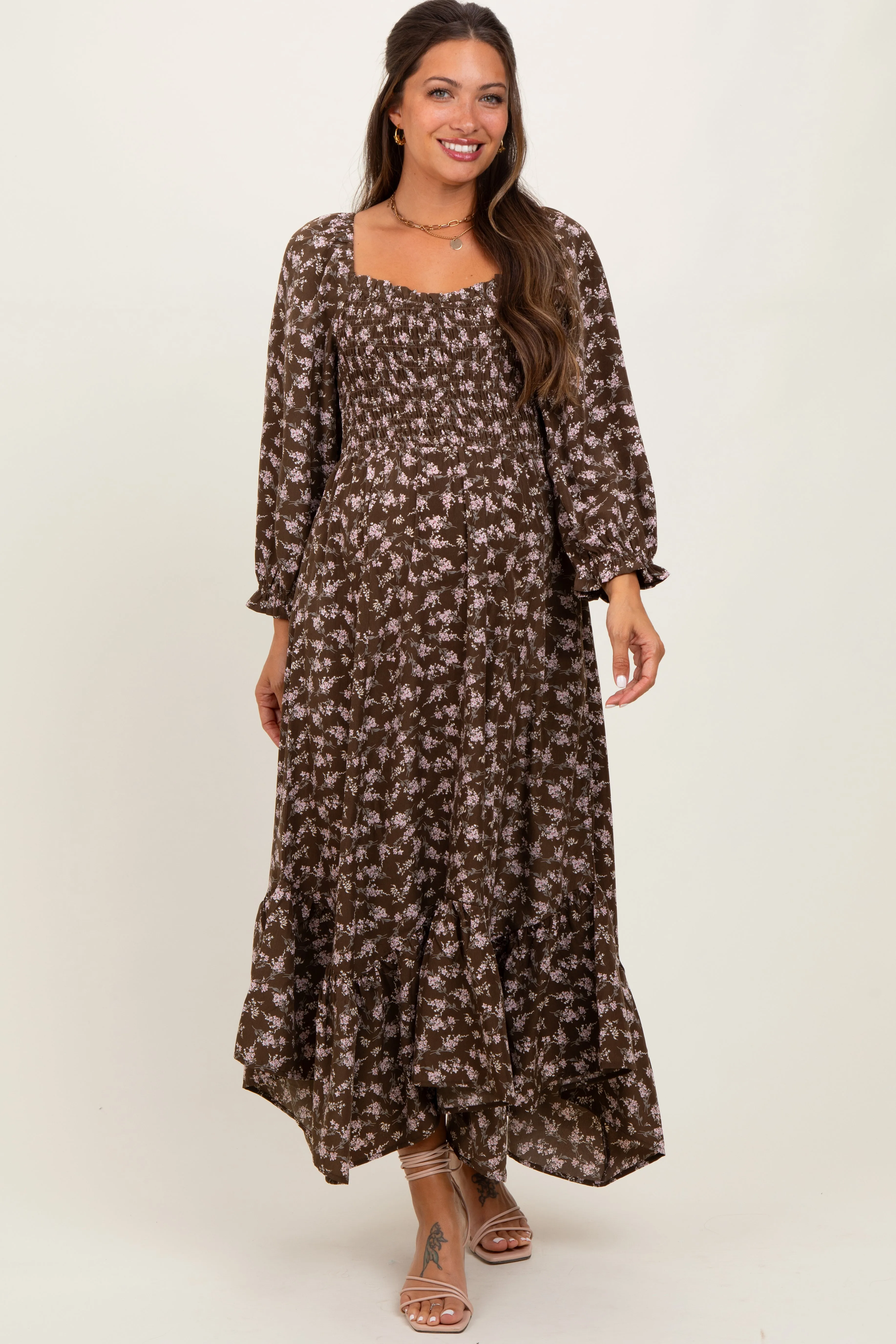 Brown Floral Smocked Handkerchief Hem Maternity Maxi Dress sold by Pinkblush