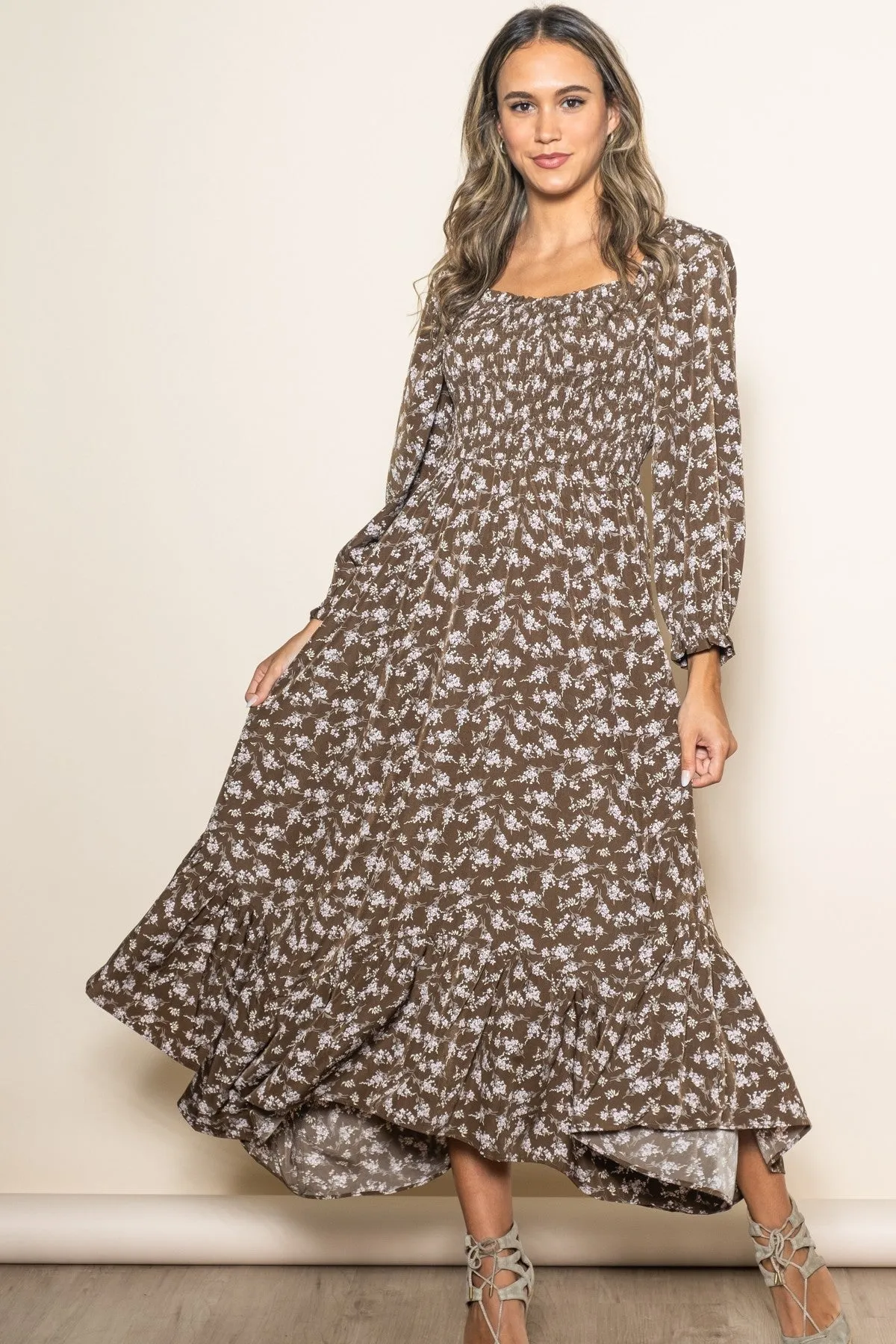Brown Floral Smocked Handkerchief Hem Maternity Maxi Dress sold by Pinkblush product image thumbnail 4