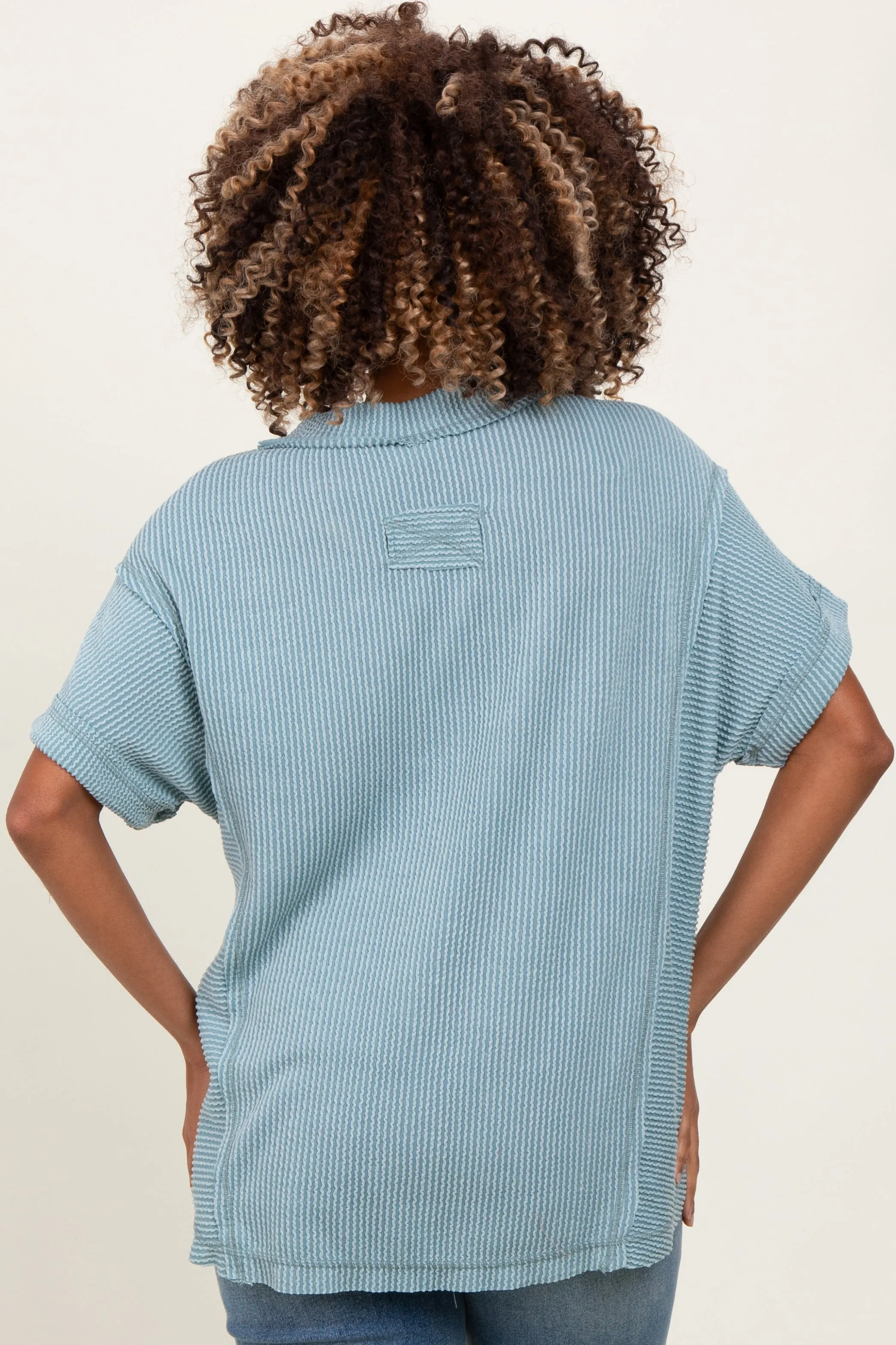 Blue Ribbed Raw Hem Maternity Short Sleeve Top sold by Pinkblush product image thumbnail 3