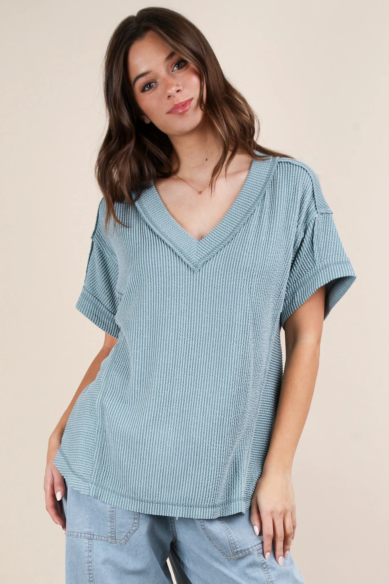 Blue Ribbed Raw Hem Maternity Short Sleeve Top sold by Pinkblush product image thumbnail 4