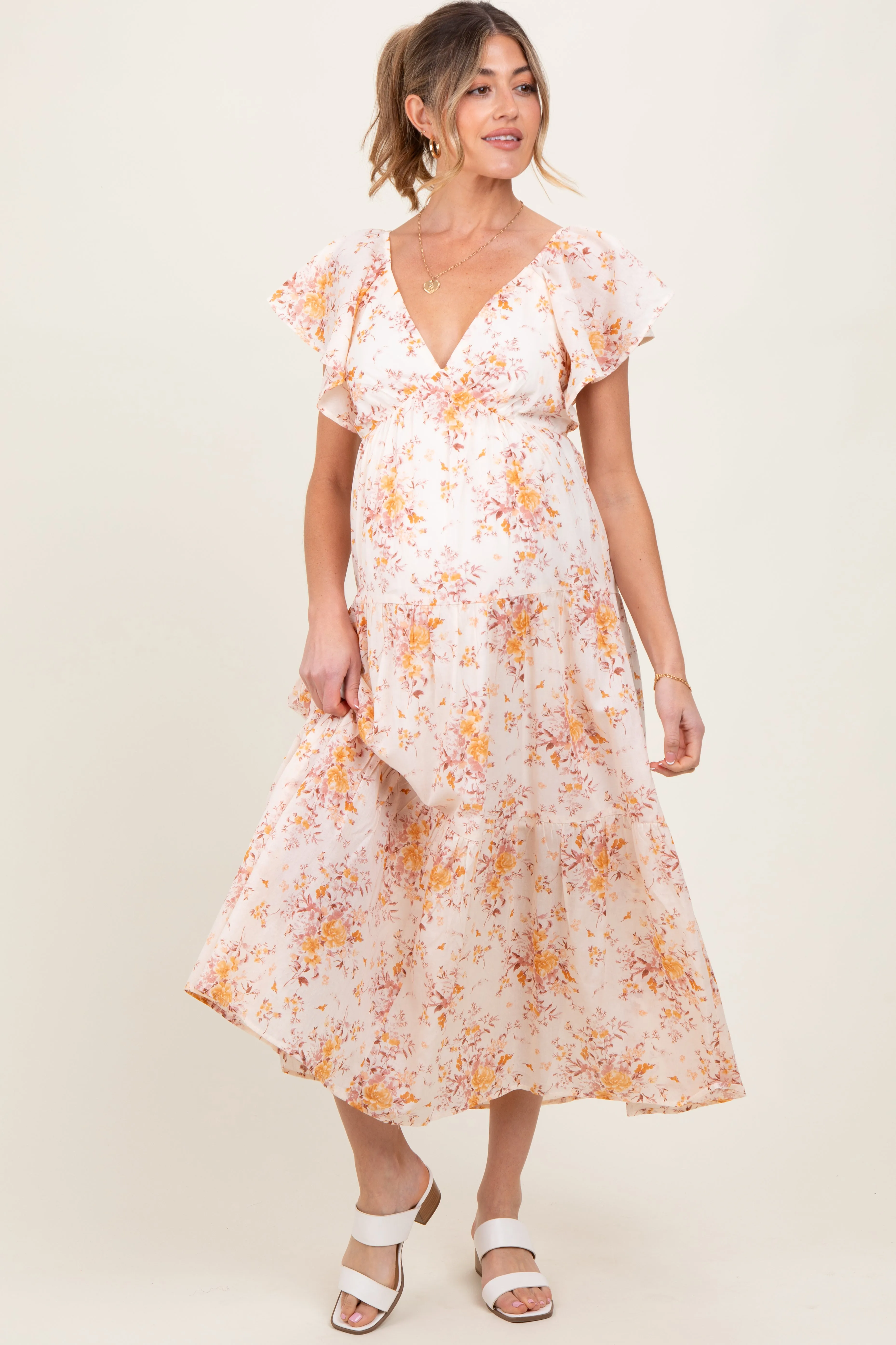Peach Floral Flutter Sleeve Tiered Maternity Maxi Dress sold by Pinkblush product image thumbnail 2