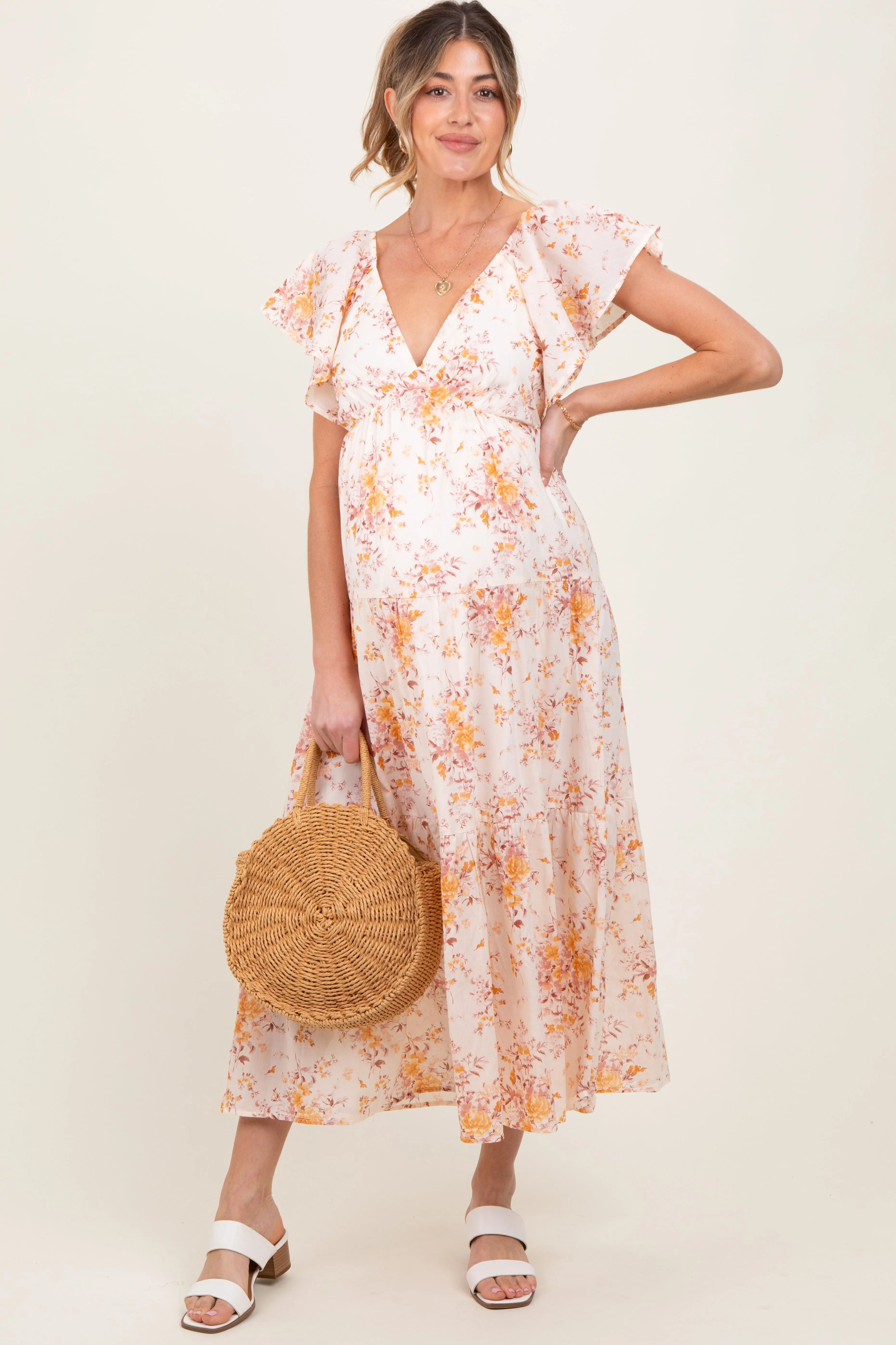 Peach Floral Flutter Sleeve Tiered Maternity Maxi Dress sold by Pinkblush