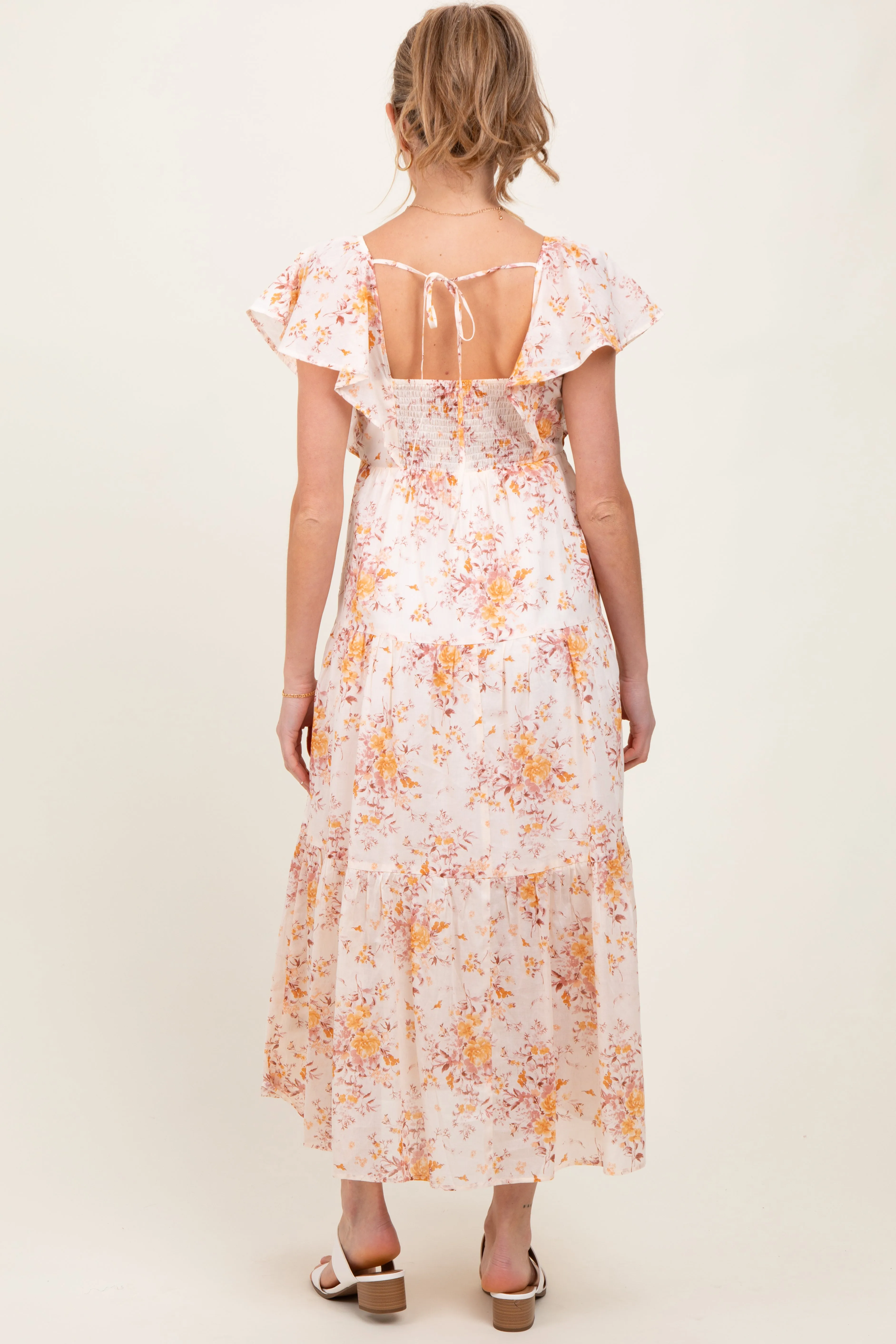 Peach Floral Flutter Sleeve Tiered Maternity Maxi Dress sold by Pinkblush product image thumbnail 3