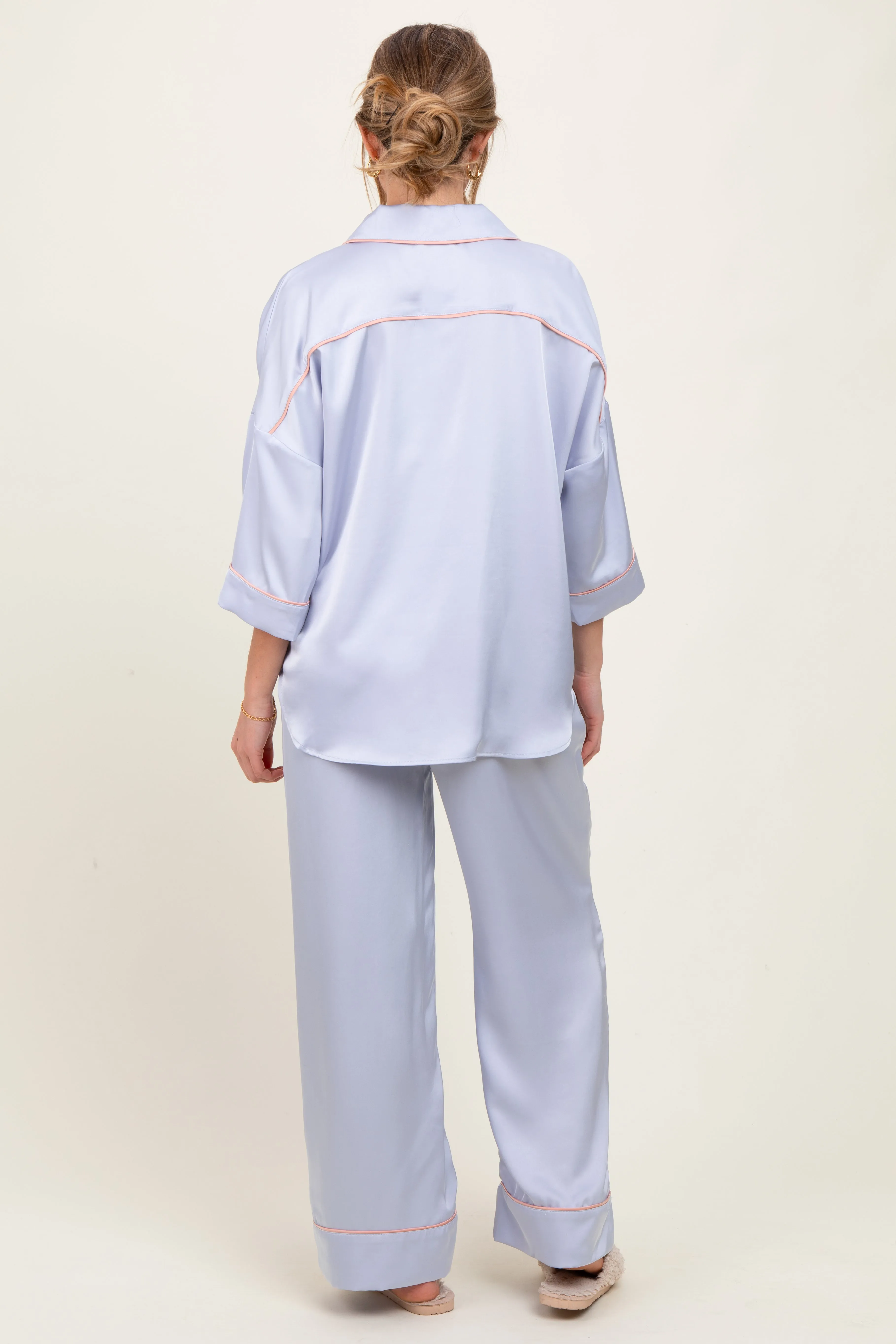 Light Blue Satin Contrast Trim Pajama Pant Maternity Set sold by Pinkblush product image thumbnail 2