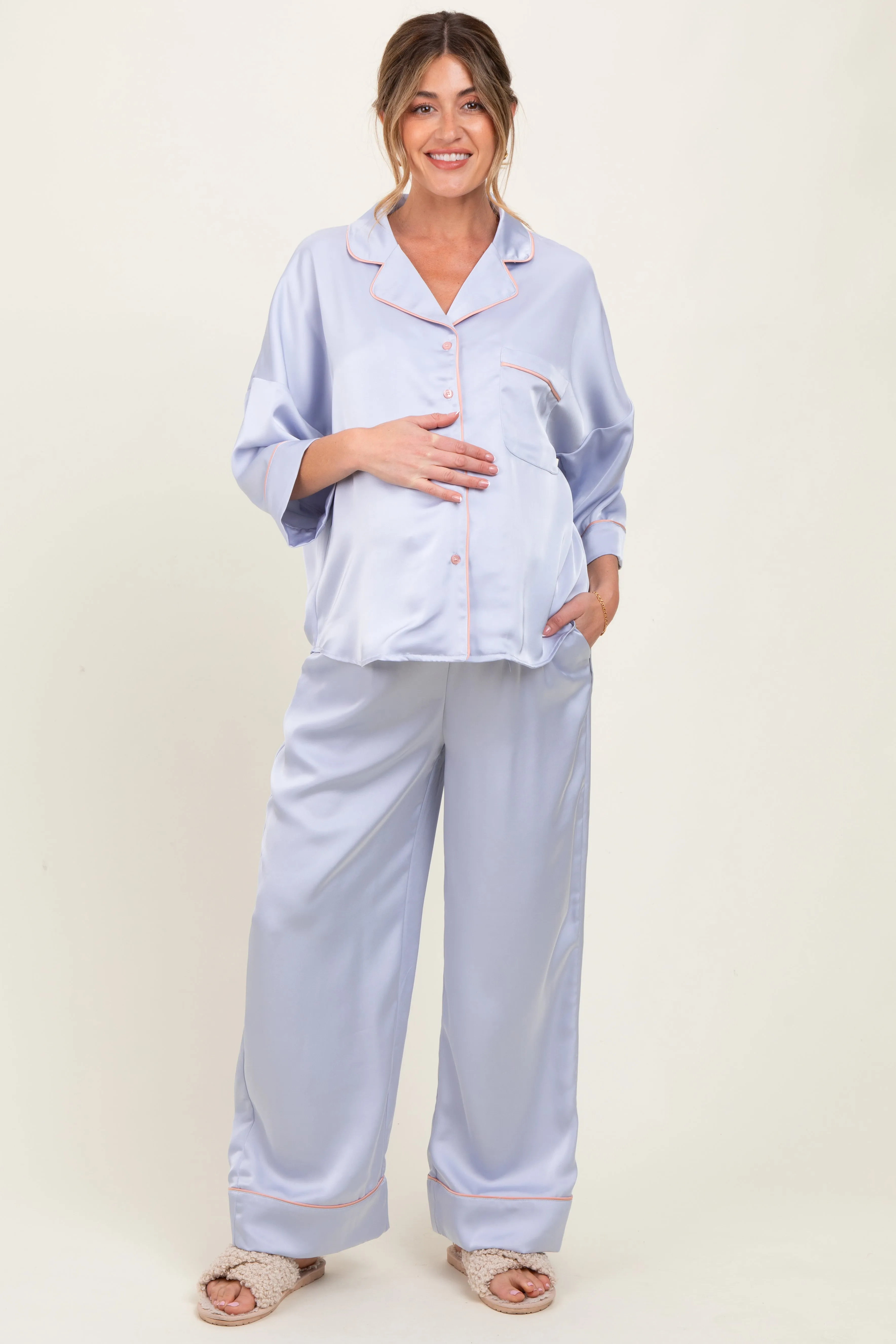 Light Blue Satin Contrast Trim Pajama Pant Maternity Set sold by Pinkblush