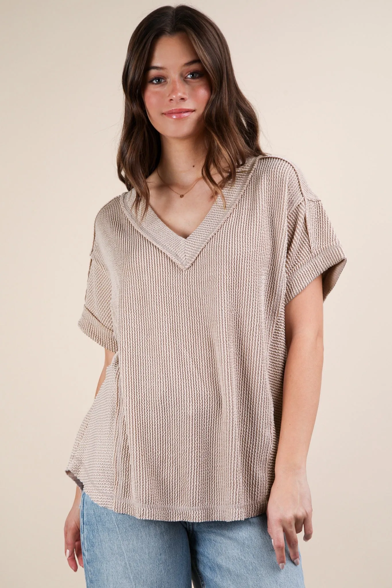 Beige Ribbed Raw Hem Maternity Short Sleeve Top sold by Pinkblush product image thumbnail 5