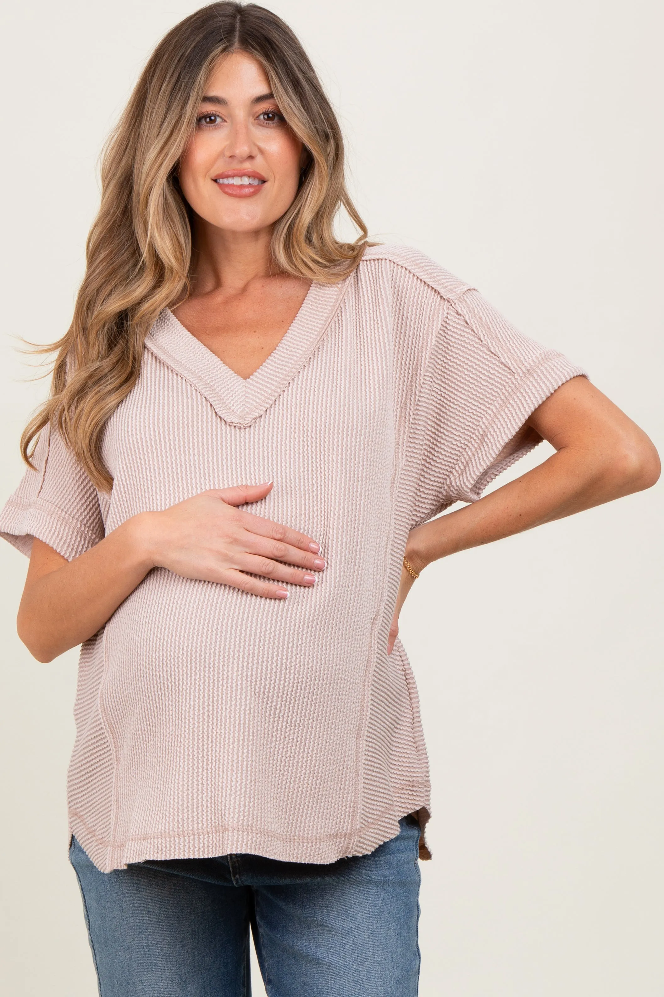 Beige Ribbed Raw Hem Maternity Short Sleeve Top sold by Pinkblush