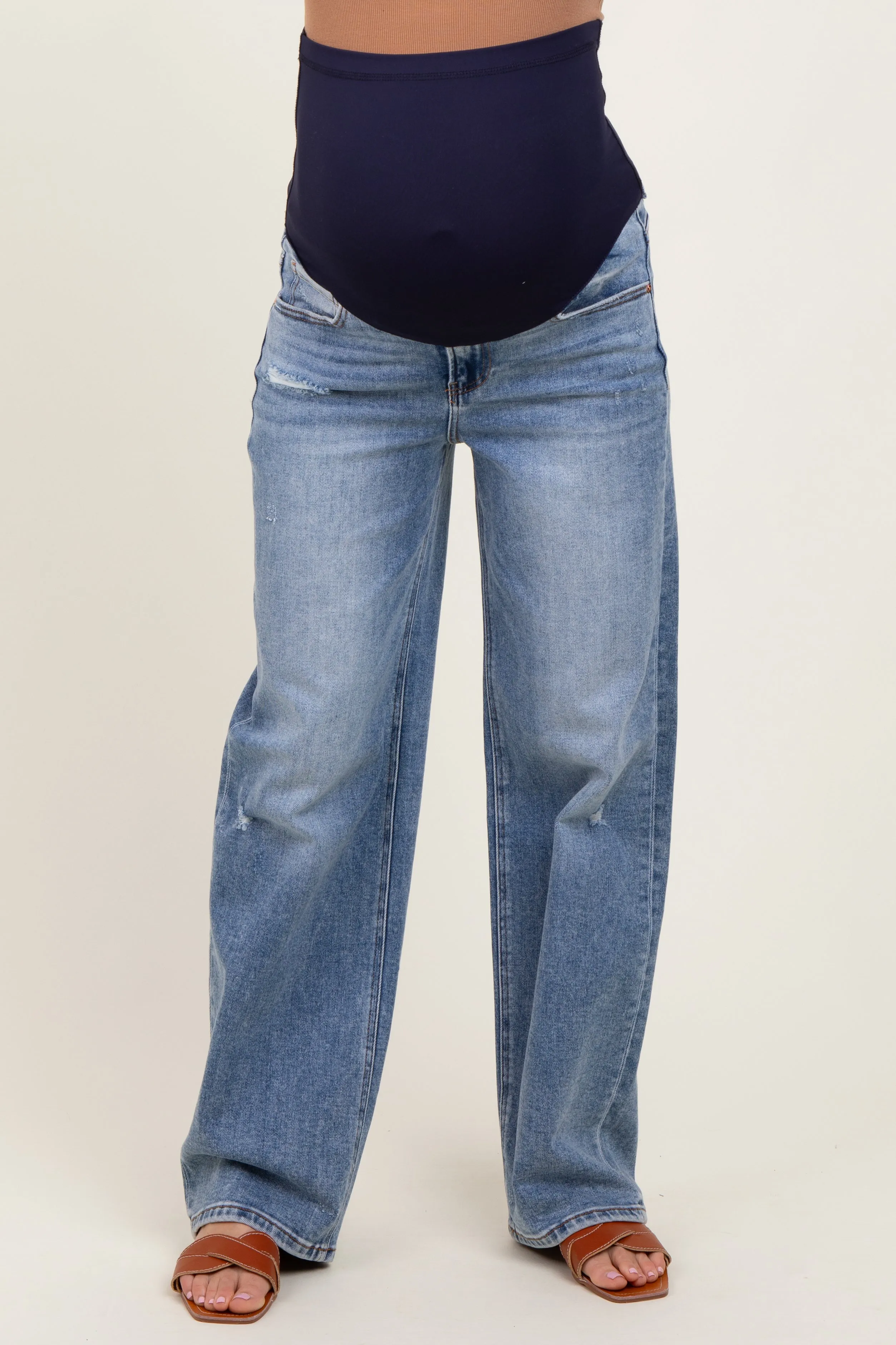 Blue Distressed Vintage Wash Wide Leg Maternity Jeans sold by Pinkblush product image thumbnail 2