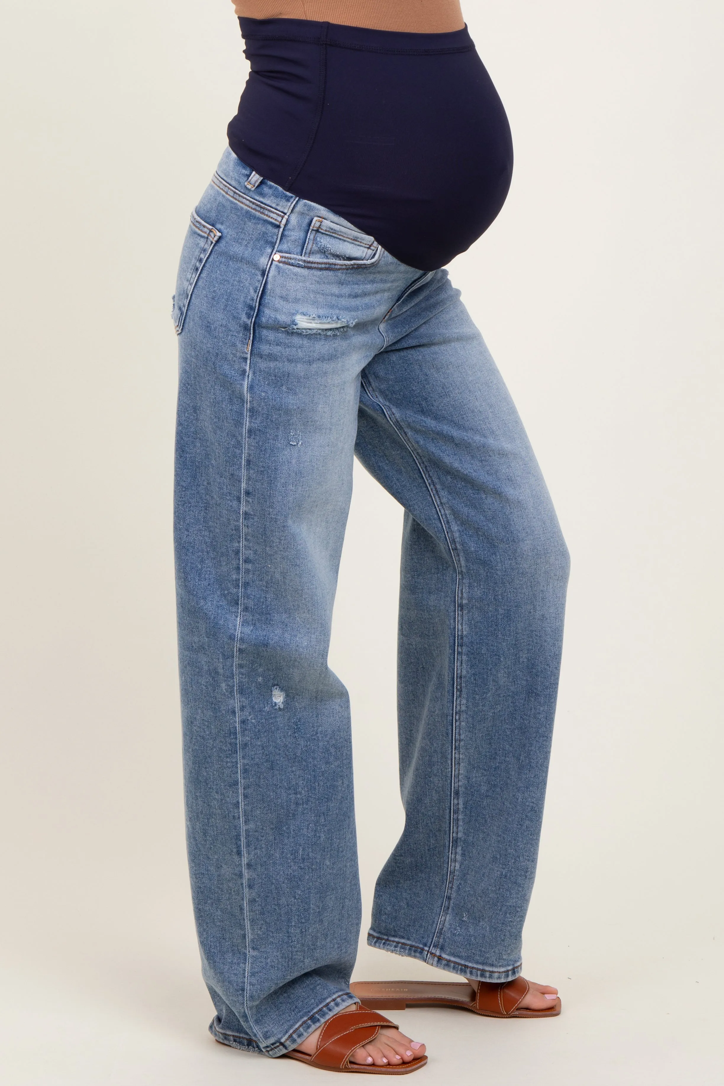 Blue Distressed Vintage Wash Wide Leg Maternity Jeans sold by Pinkblush product image thumbnail 3