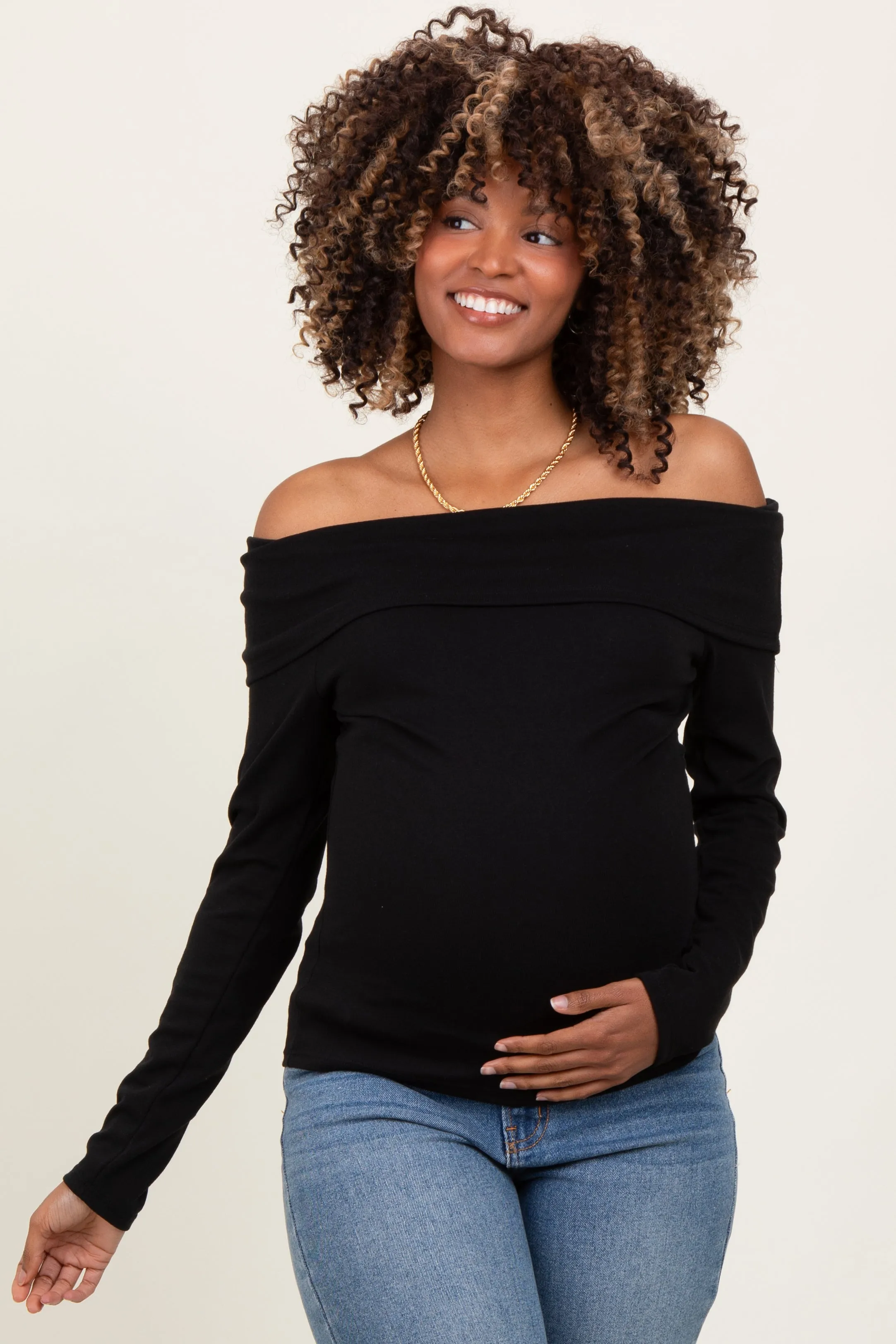 Black Off Shoulder Foldover Maternity Long Sleeve Top sold by Pinkblush