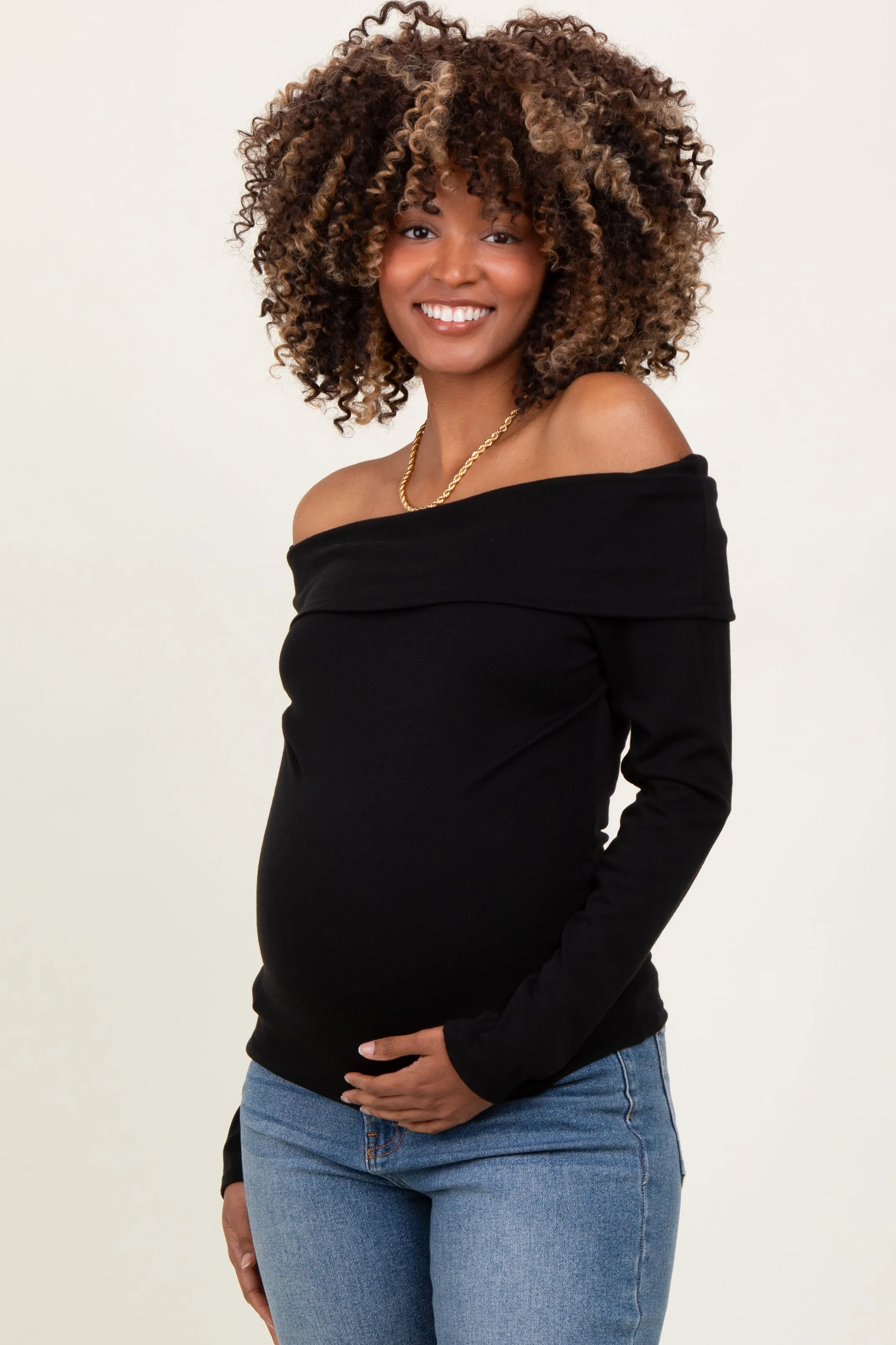 Black Off Shoulder Foldover Maternity Long Sleeve Top sold by Pinkblush product image thumbnail 2