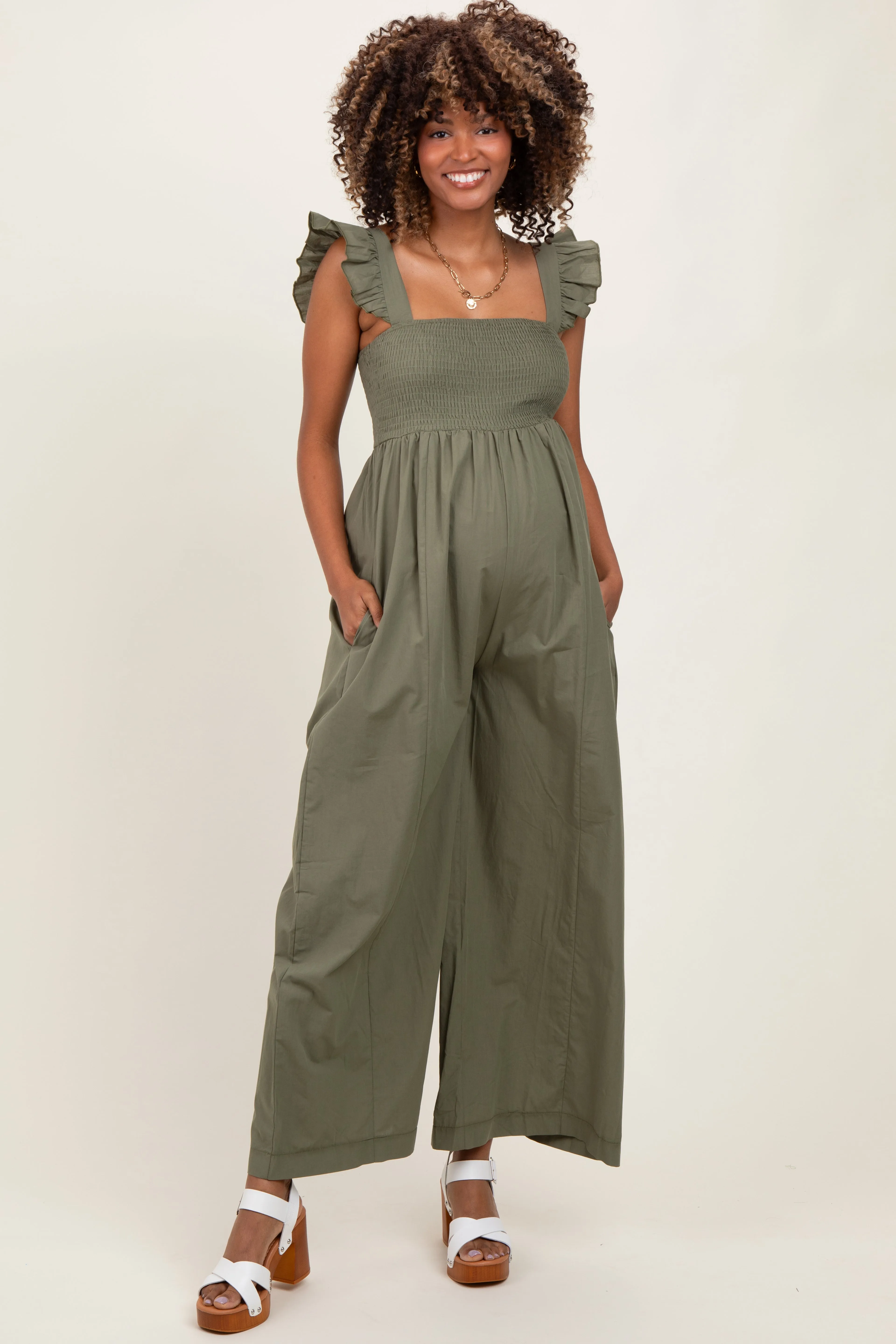 Olive Ruffle Strap Smocked Wide Leg Maternity Jumpsuit sold by Pinkblush