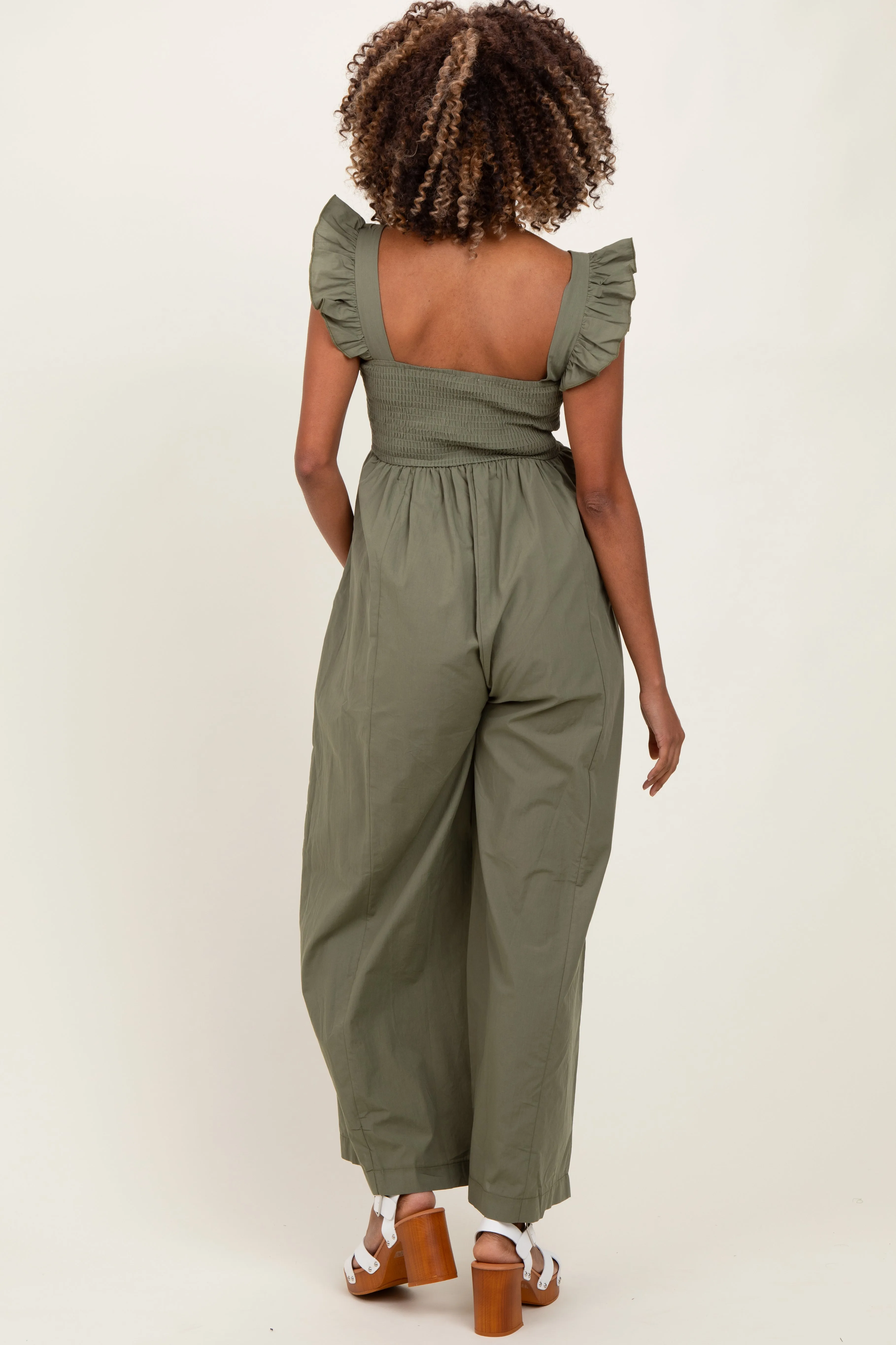 Olive Ruffle Strap Smocked Wide Leg Maternity Jumpsuit sold by Pinkblush product image thumbnail 2