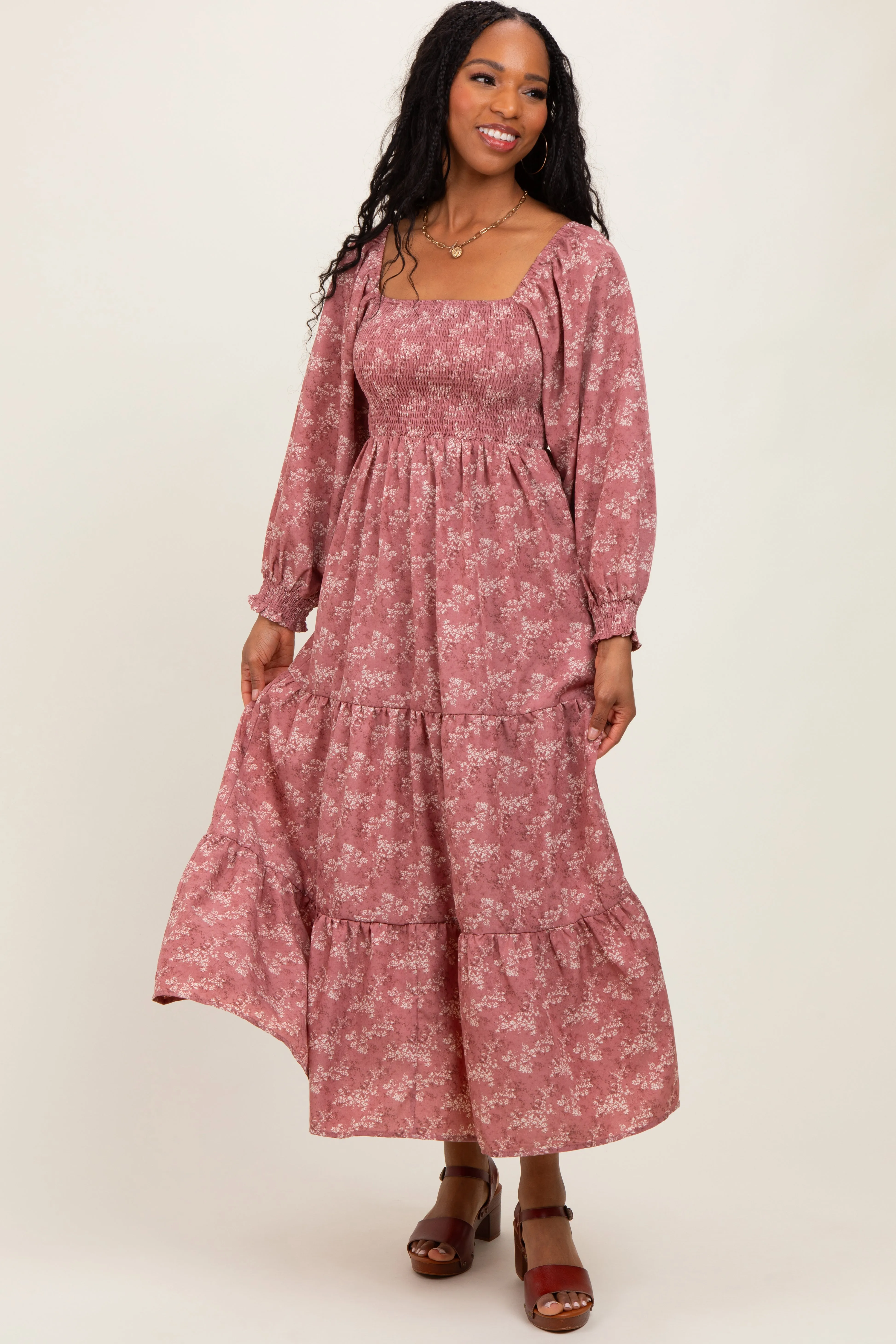 Mauve Floral Smocked Square Neck Maxi Dress sold by Pinkblush product image thumbnail 2