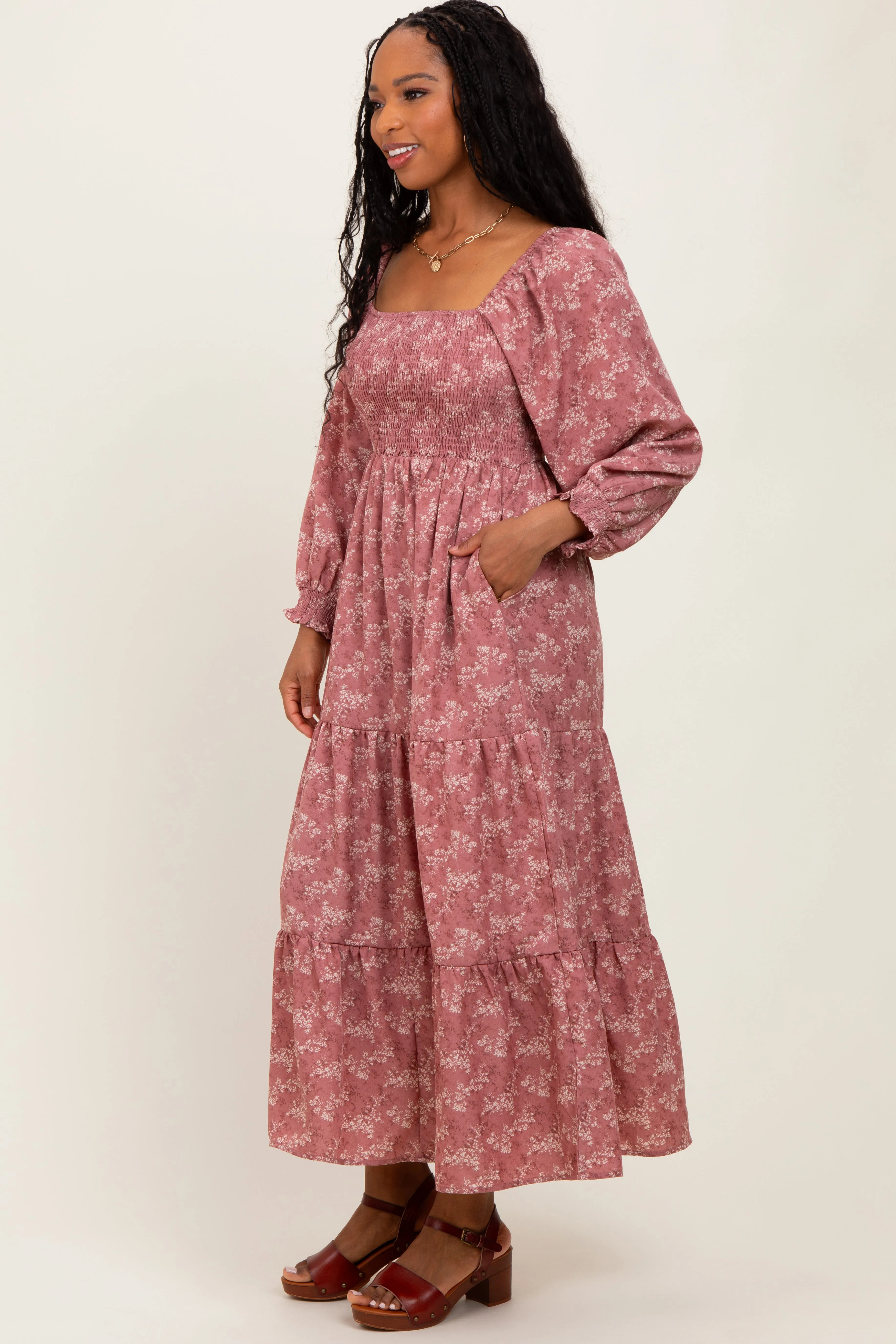 Mauve Floral Smocked Square Neck Maxi Dress sold by Pinkblush product image thumbnail 3