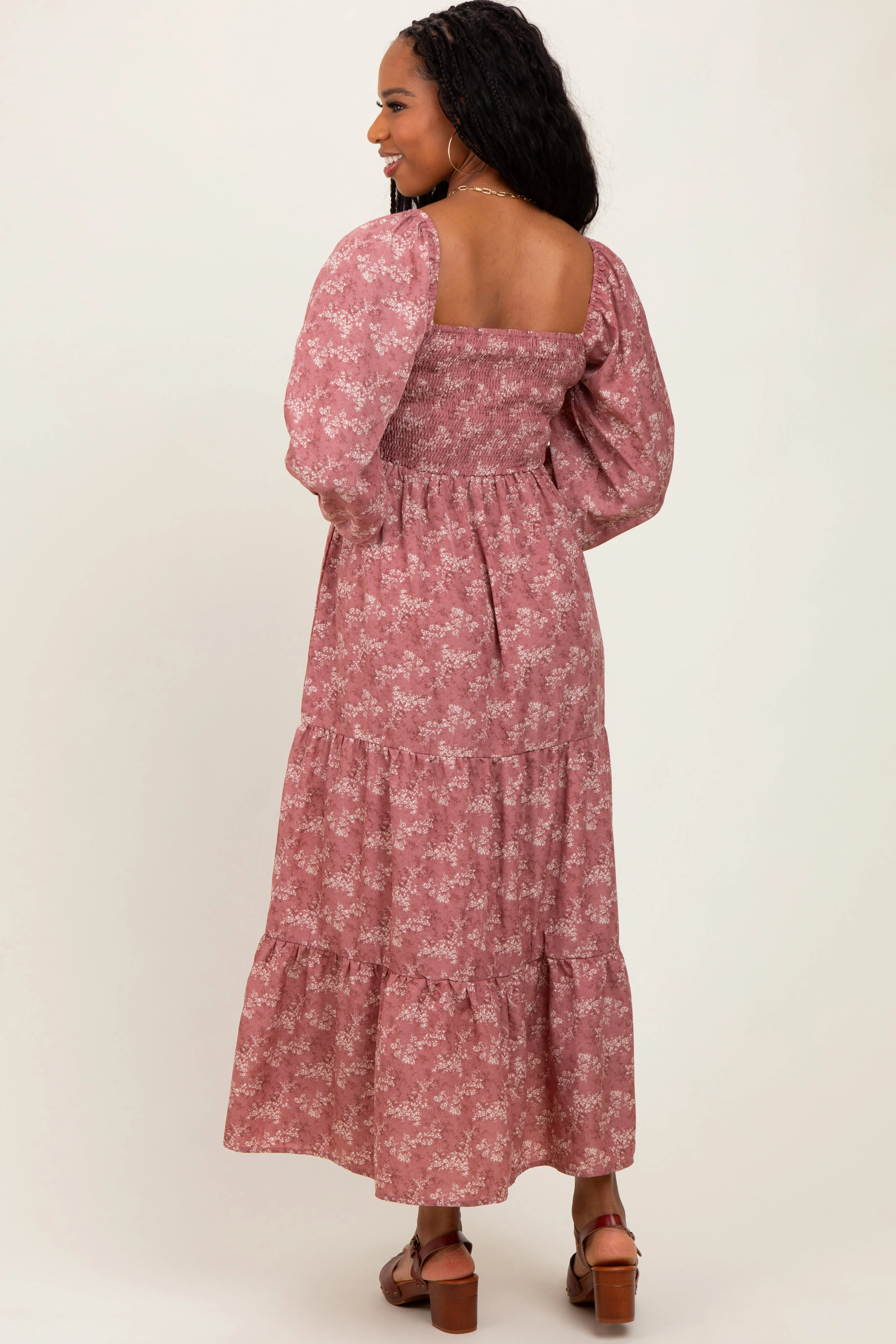 Mauve Floral Smocked Square Neck Maxi Dress sold by Pinkblush product image thumbnail 4