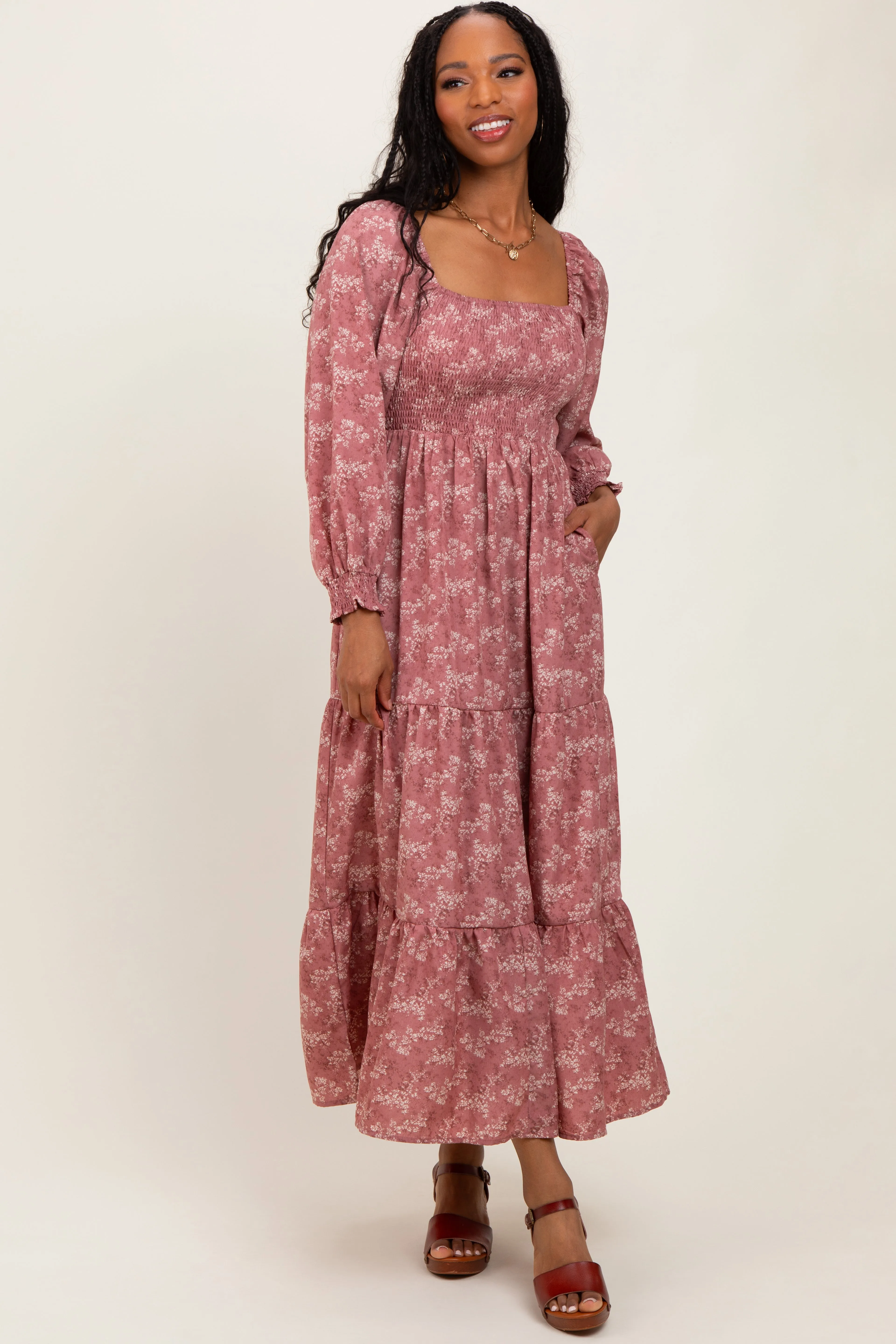 Mauve Floral Smocked Square Neck Maxi Dress sold by Pinkblush