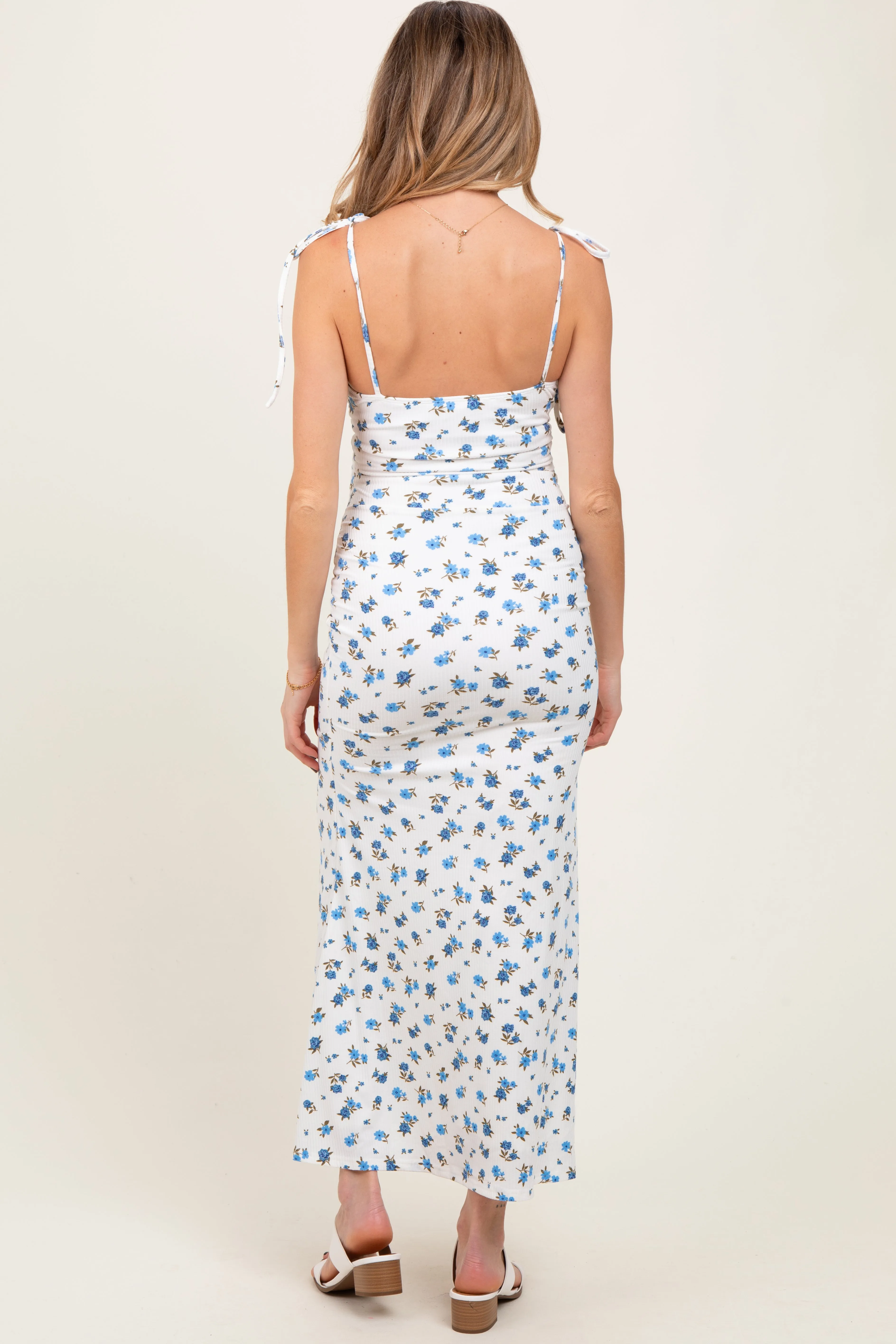 Blue Ribbed Floral Shoulder Tie Maternity Maxi Dress sold by Pinkblush product image thumbnail 4