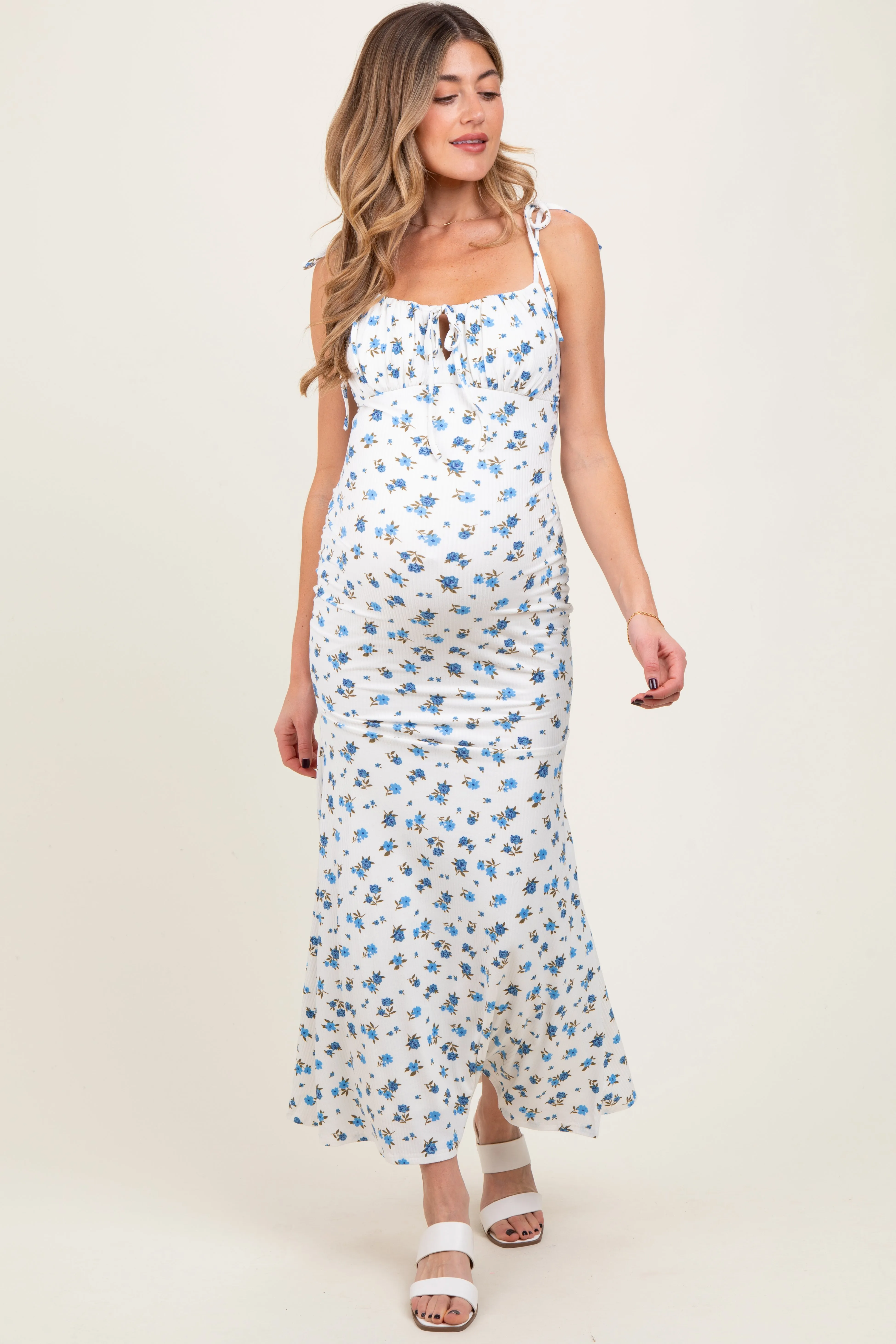 Blue Ribbed Floral Shoulder Tie Maternity Maxi Dress sold by Pinkblush product image thumbnail 2